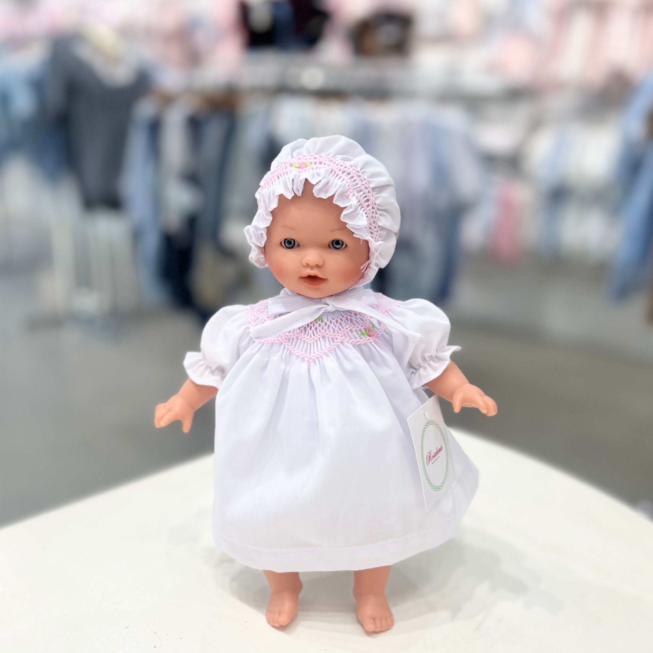 Rosalina Abby Bald Doll with White Roselle Bishop and Bonnet