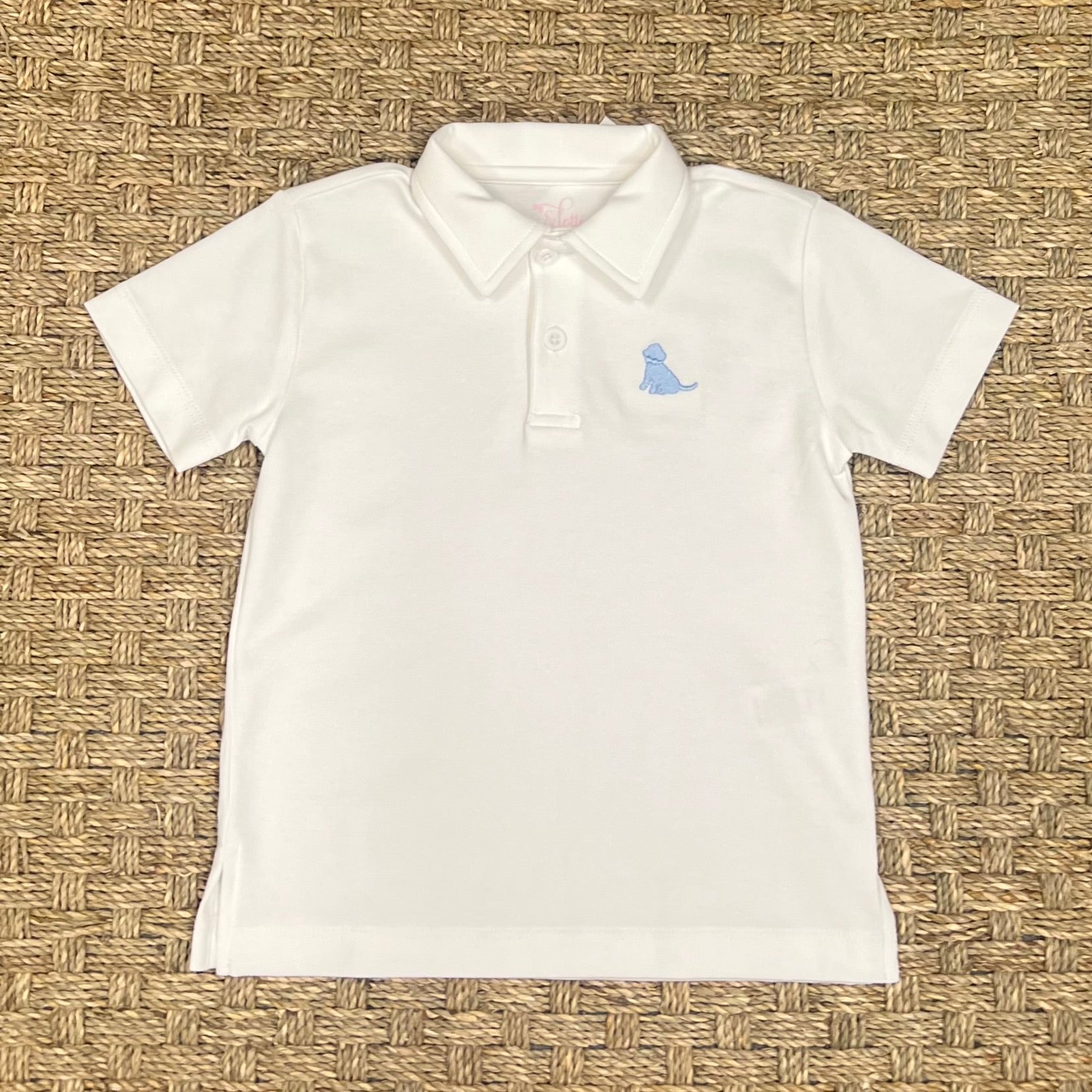 James & Lottie White Polo with Blue Puppy