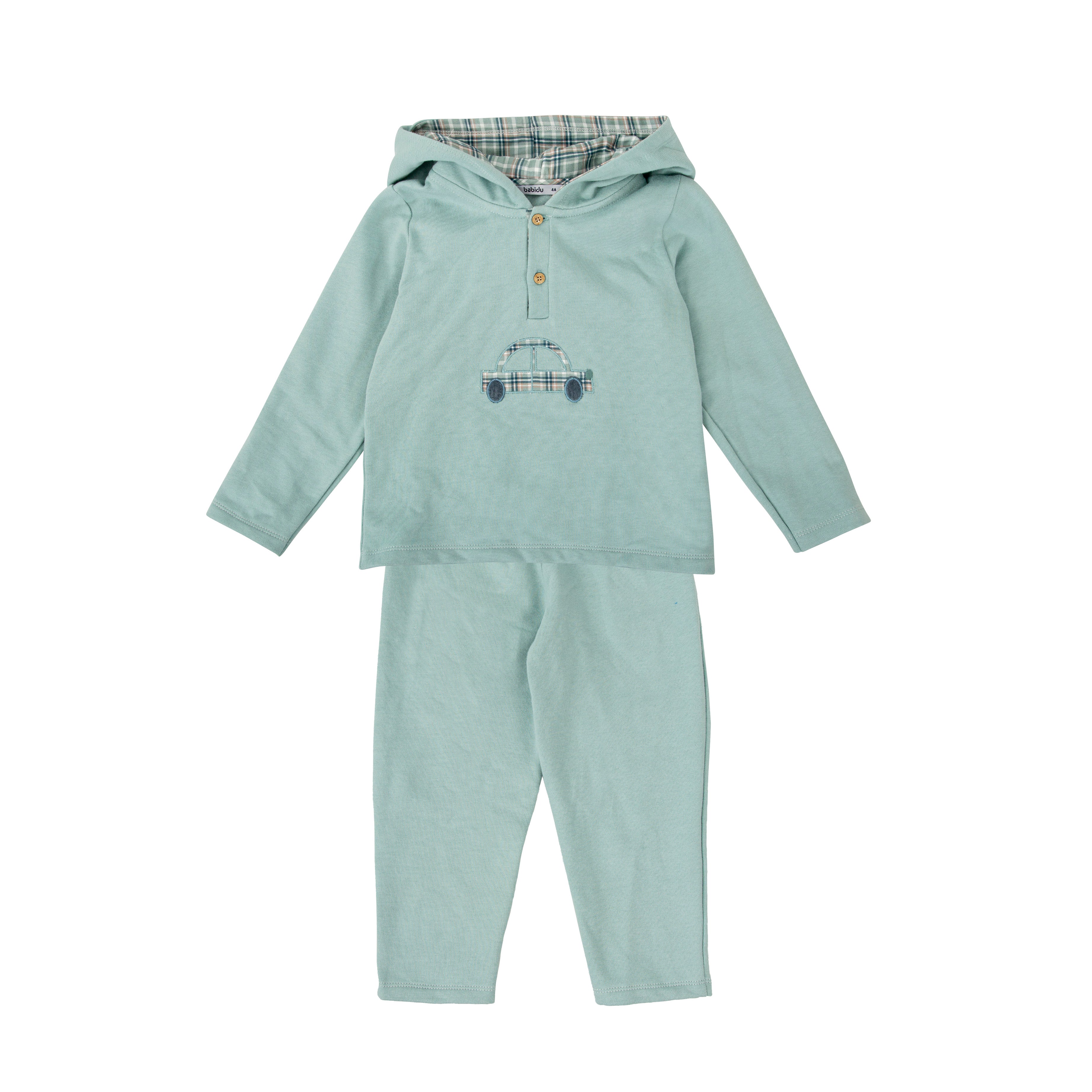 Babidu Slate Green Hooded Tracksuit with Car Applique