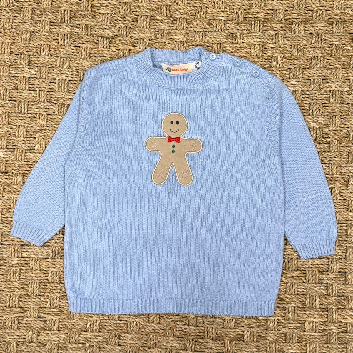 Luigi Fine Gauge Sweater, Gingerbread on Sky Blue