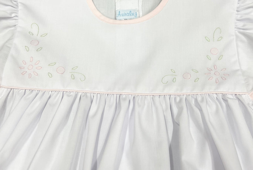 Auraluz White Angel Sleeve Dress with Flower Embroidery and Pink Trim