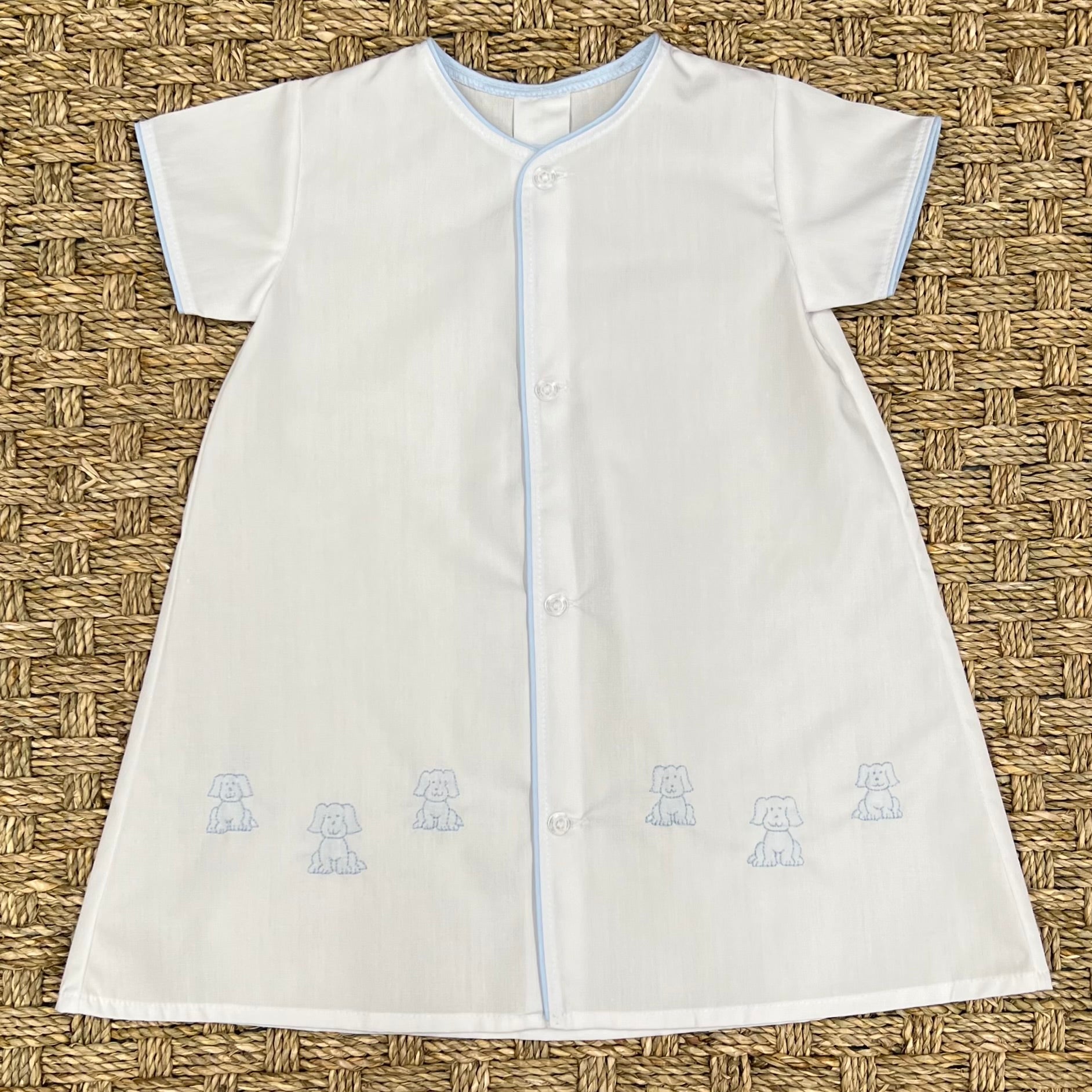 Auraluz White Day Gown with Blue Puppy Embroidery & Trim