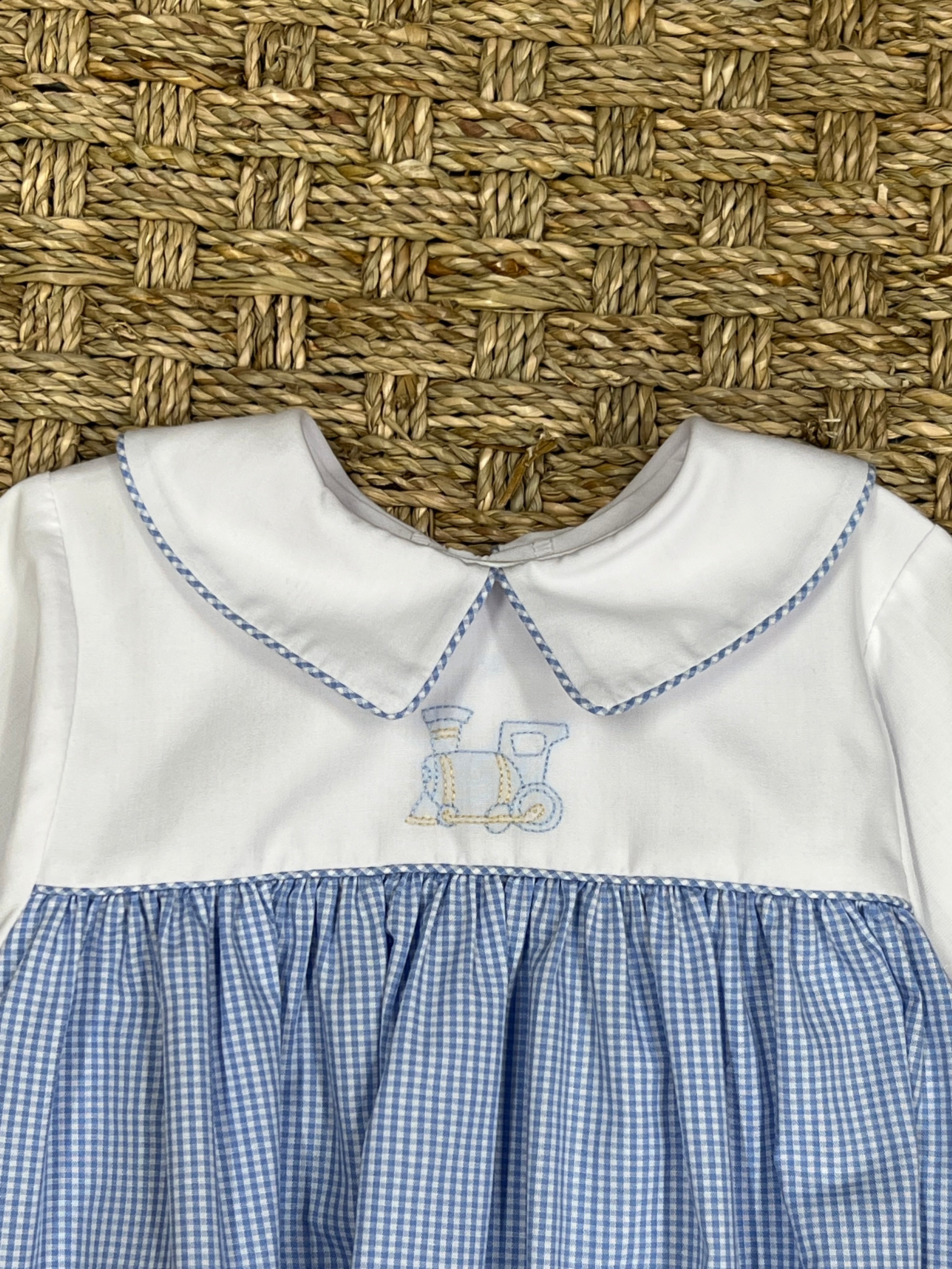 Auraluz Blue Check Bubble with Train Embroidery