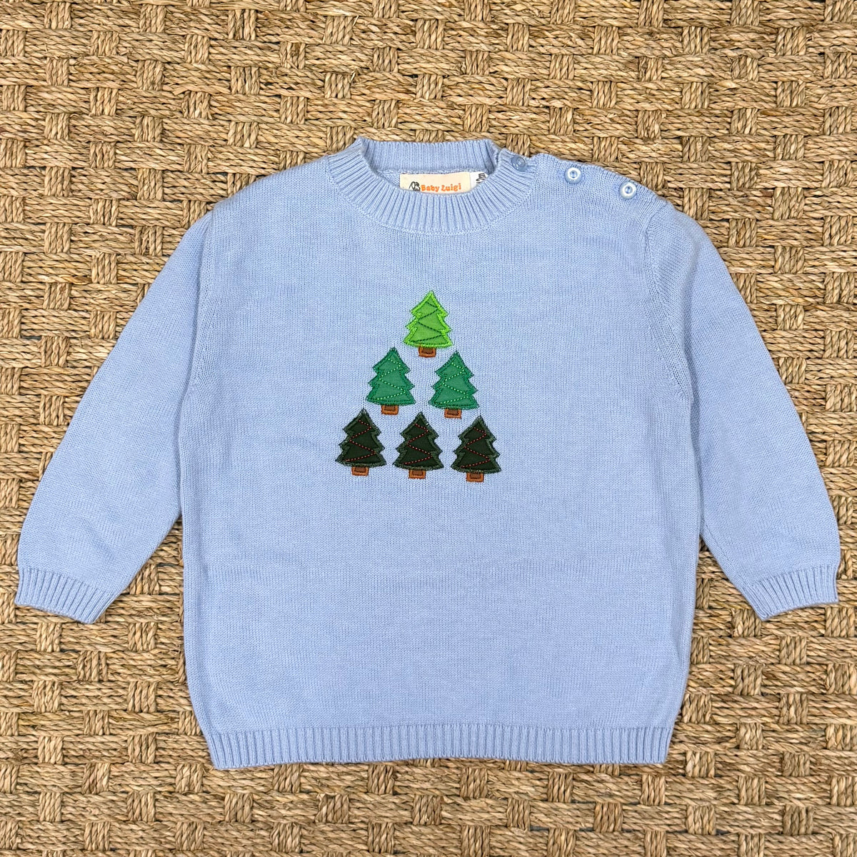 Luigi Fine Gauge Sweater, Trees on Sky Blue