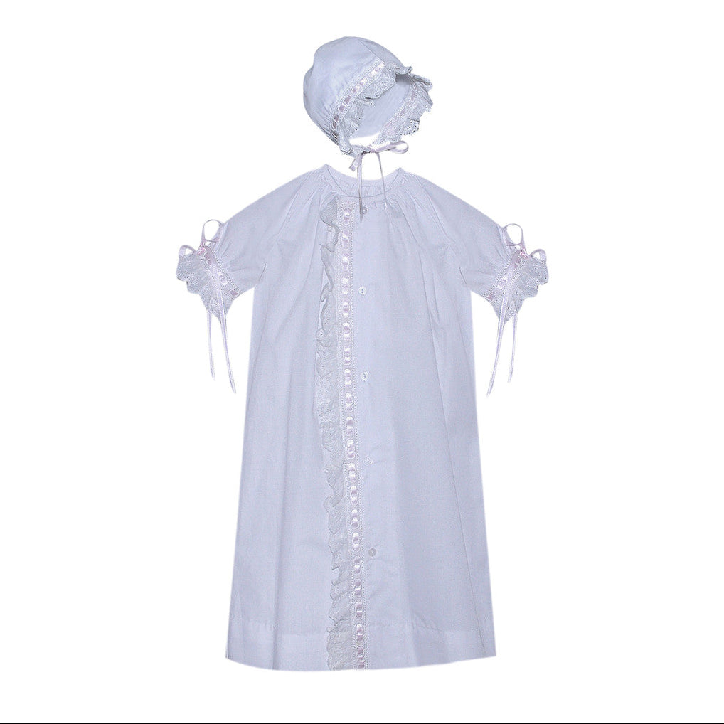 Baby Sen White Finn Daygown, Eyelet Lace Pink