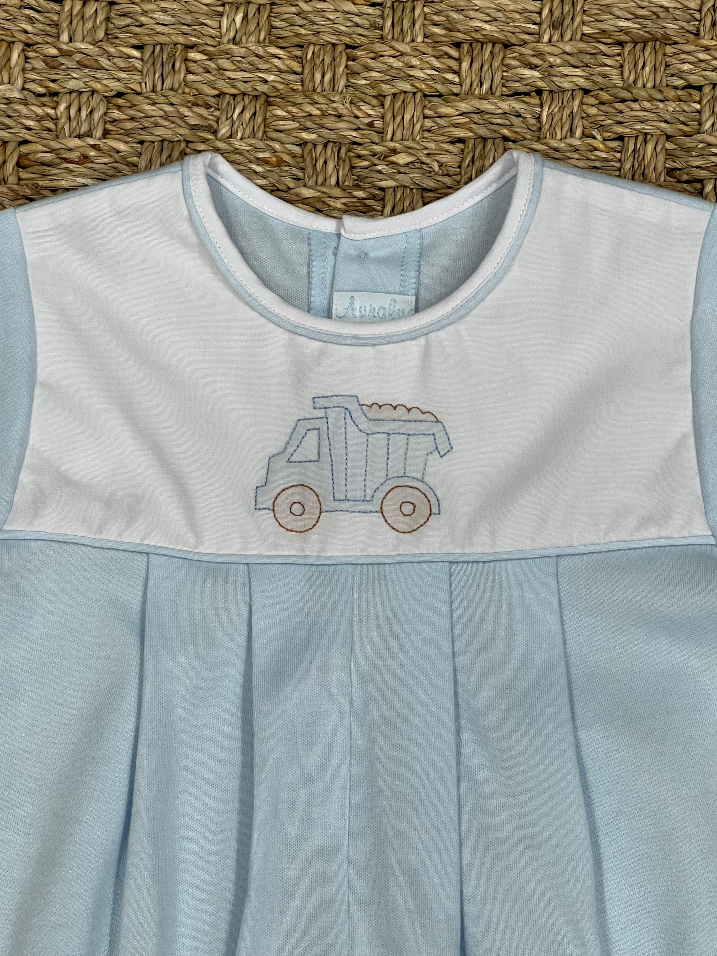 Auraluz Blue Knit Shortall with Dump Truck Embroidery