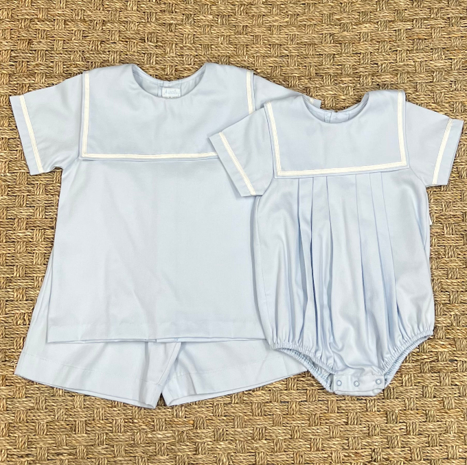 Auraluz Blue Pique Short Set with Bib Collar