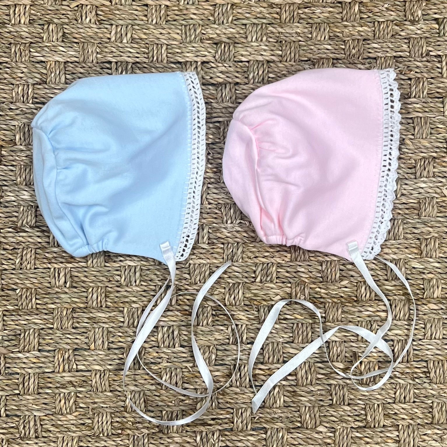 Auraluz Blue Knit Bonnet with White Picot Trim