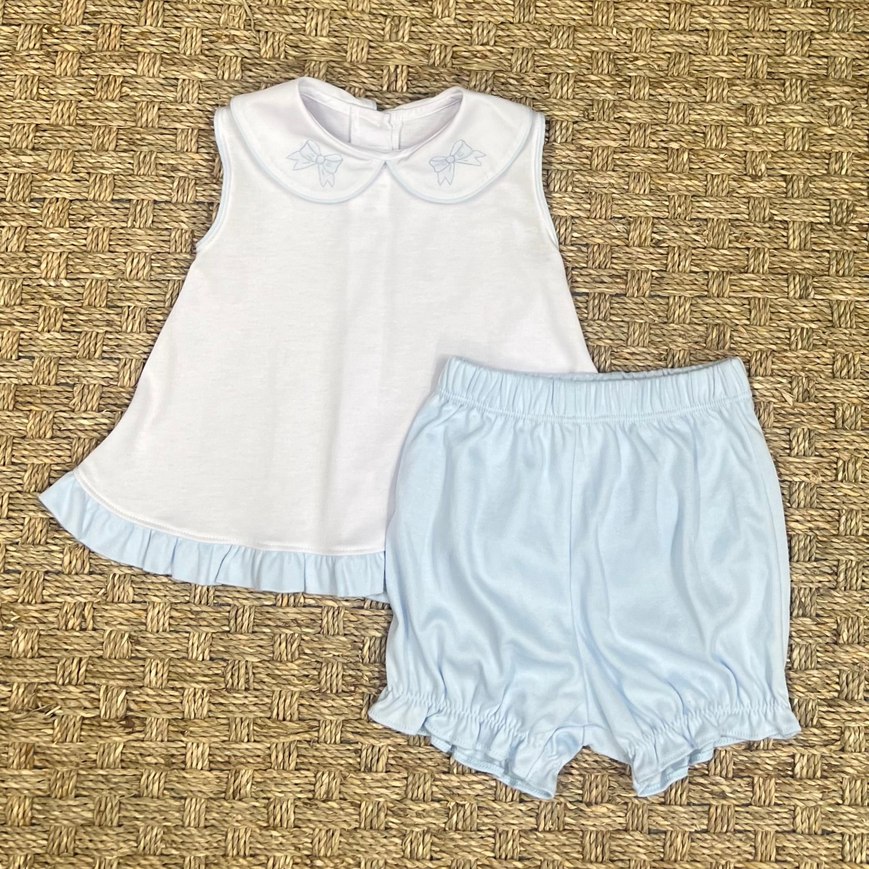 Auraluz Knit White & Blue Bloomer Set with Bow Ribbon Embroidery