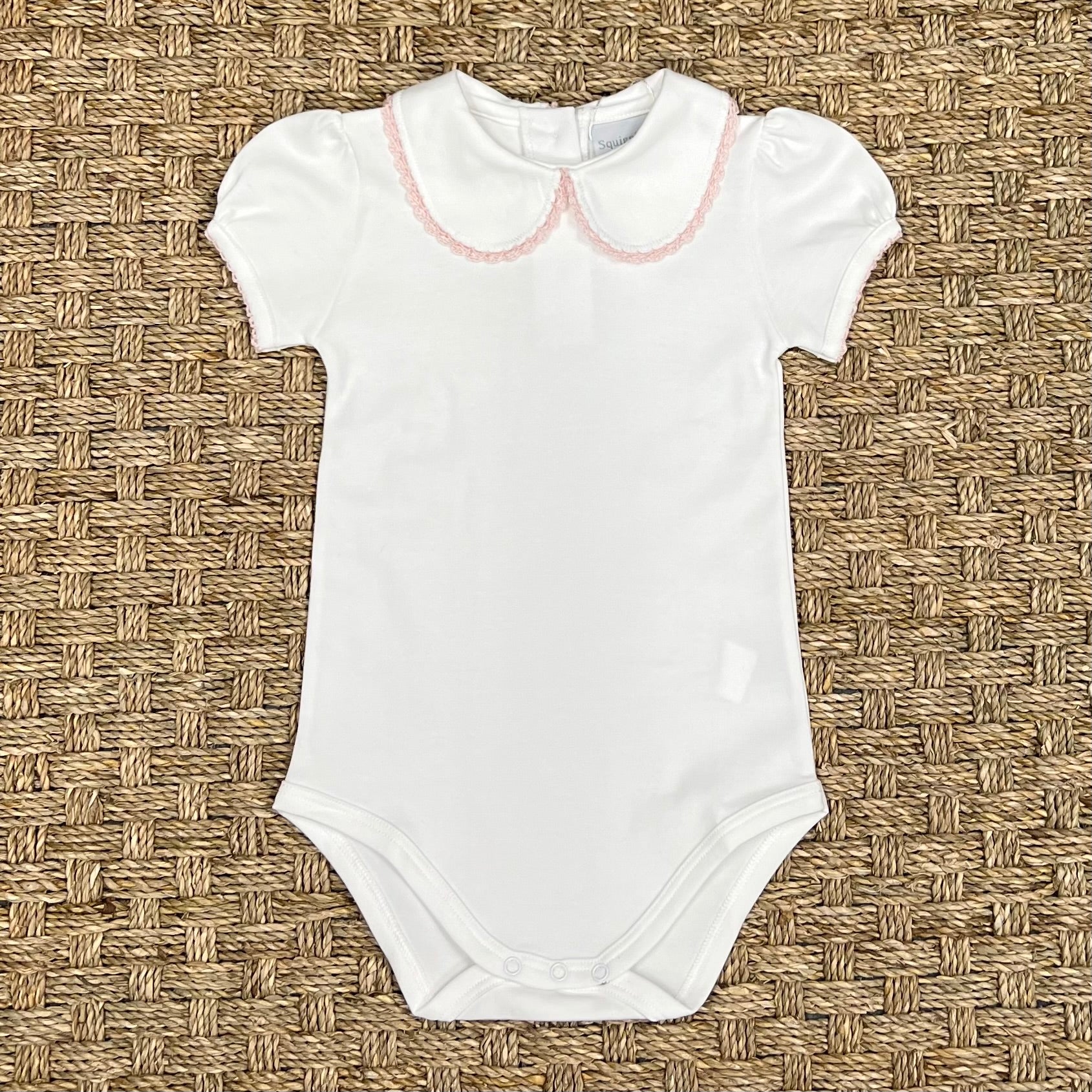Squiggles SS Bodysuit with Collar and Pink Trim