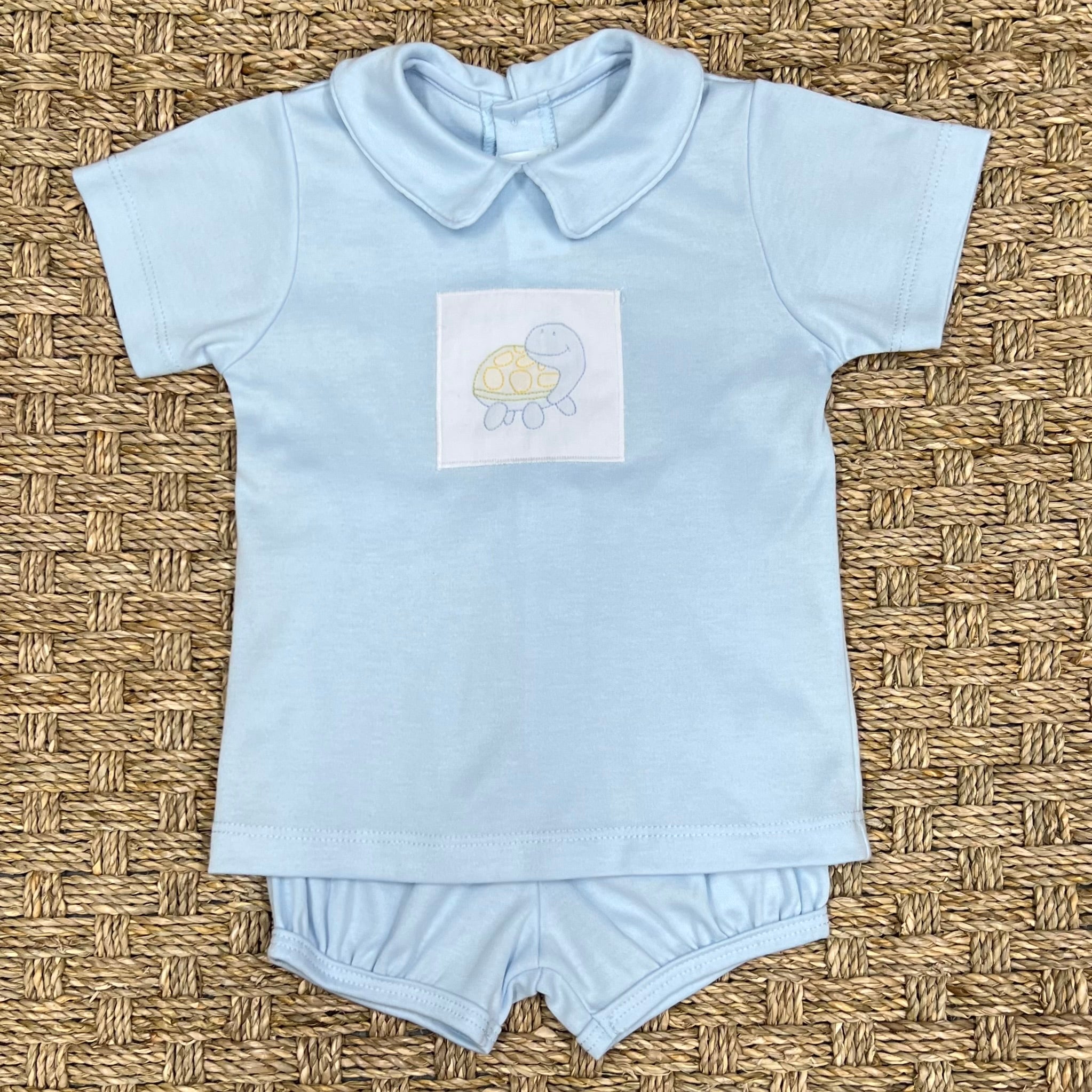 Auraluz Blue Knit Diaper Set with Turtle Embroidery