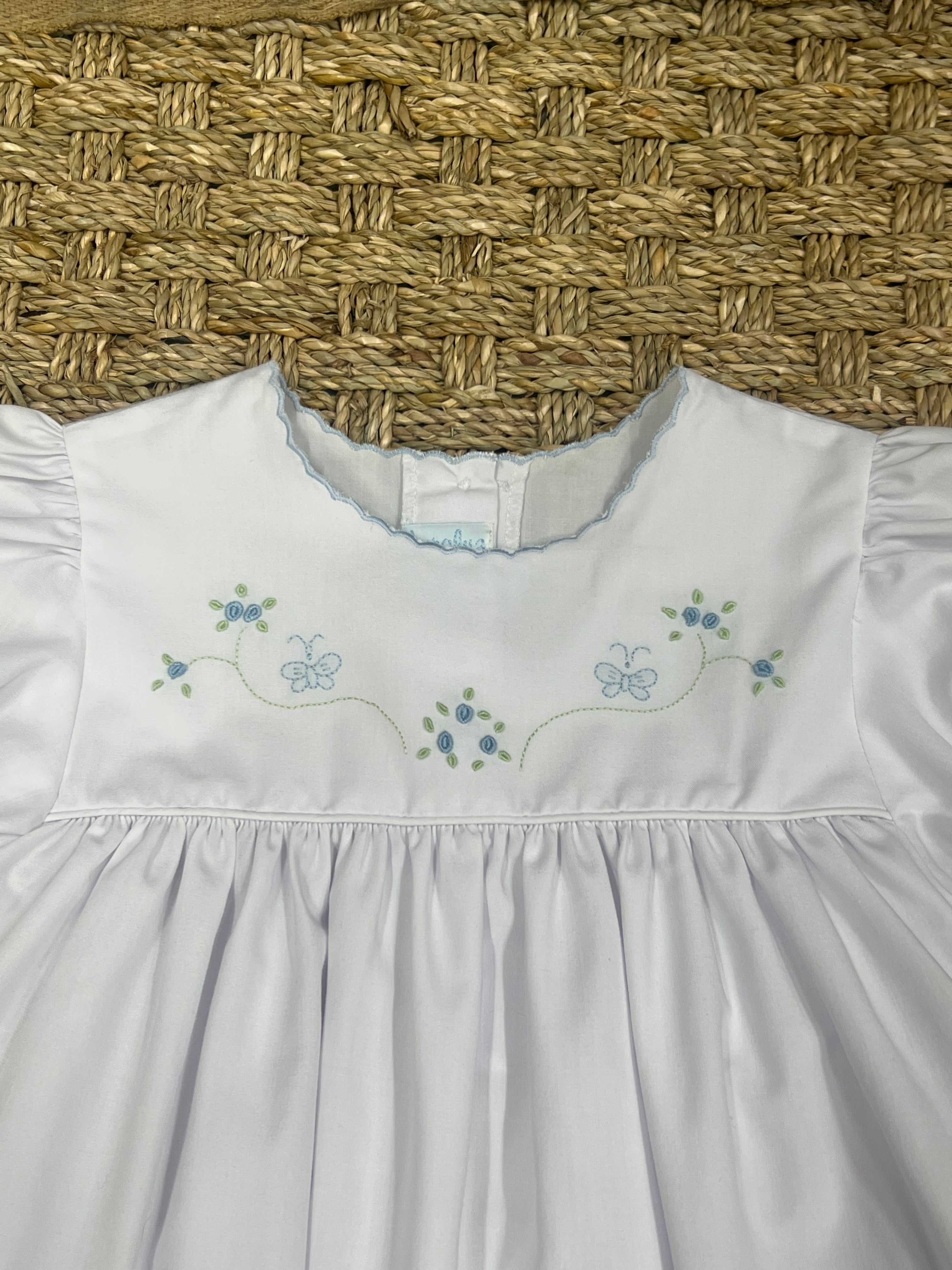 Auraluz White Dress with Blue Rosebud Embroidery