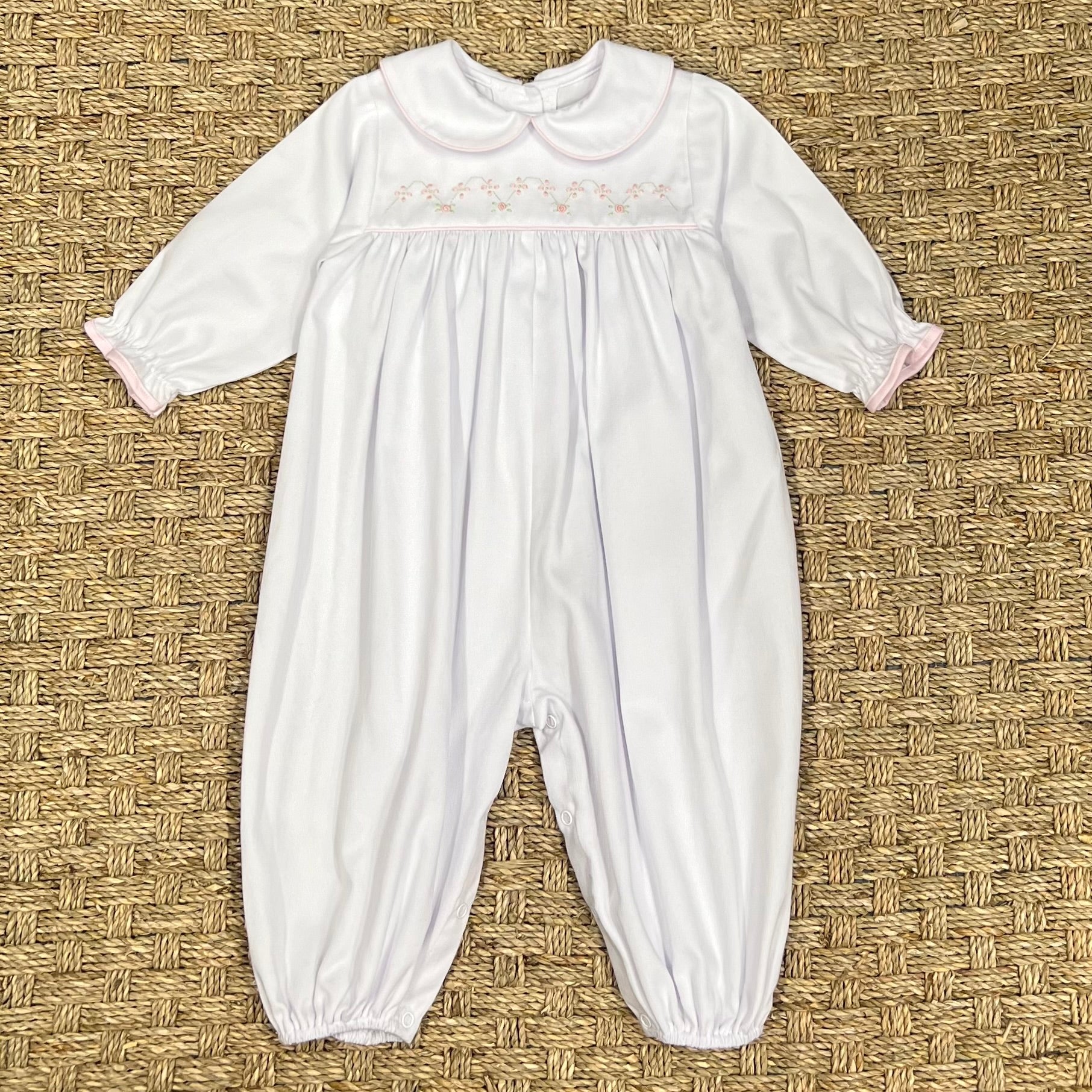 Auraluz White Pique Longall with Pink Zig Zag Flower Embroidery