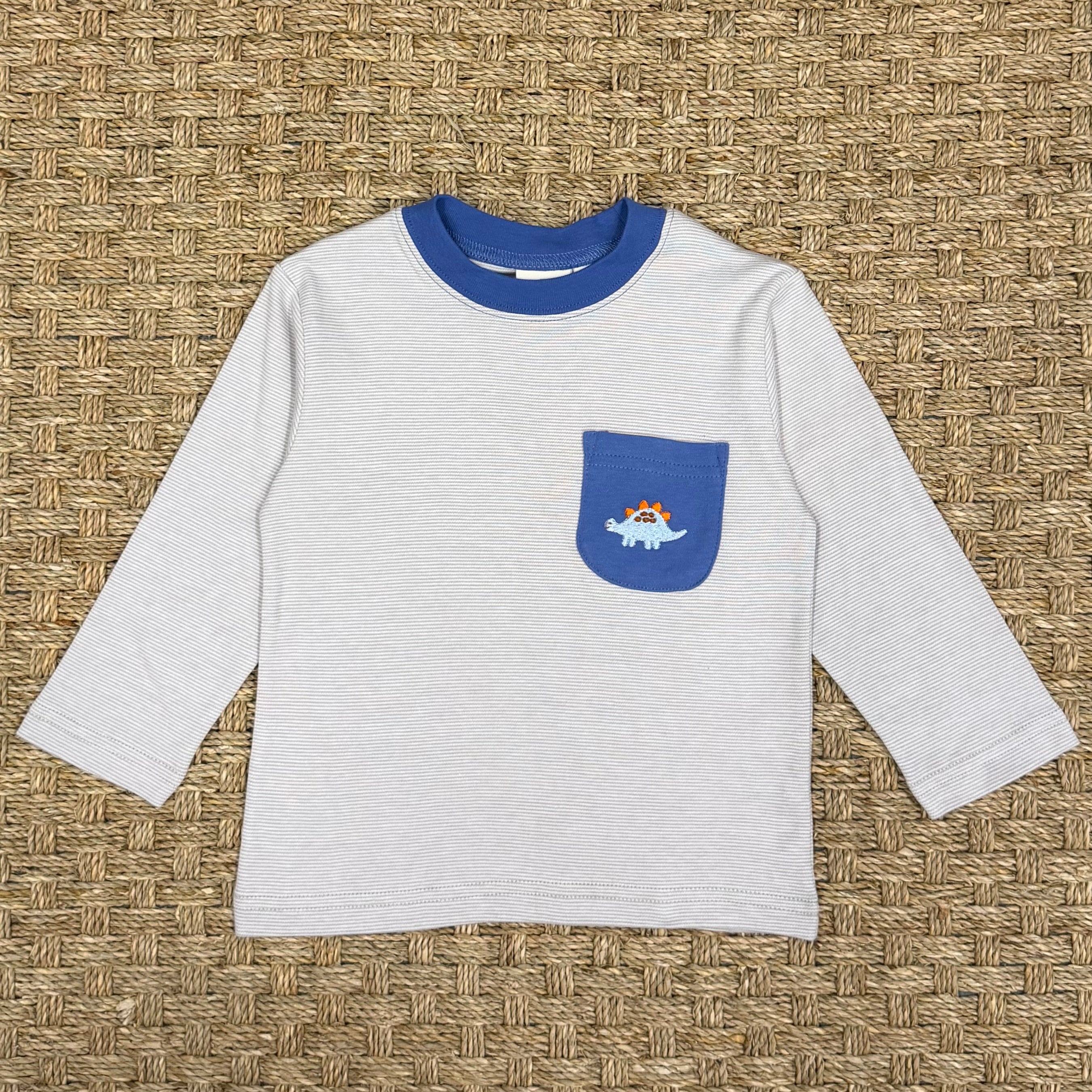 Luigi Pocket Tee, Dino on Grey Stripe & Dark Chambray