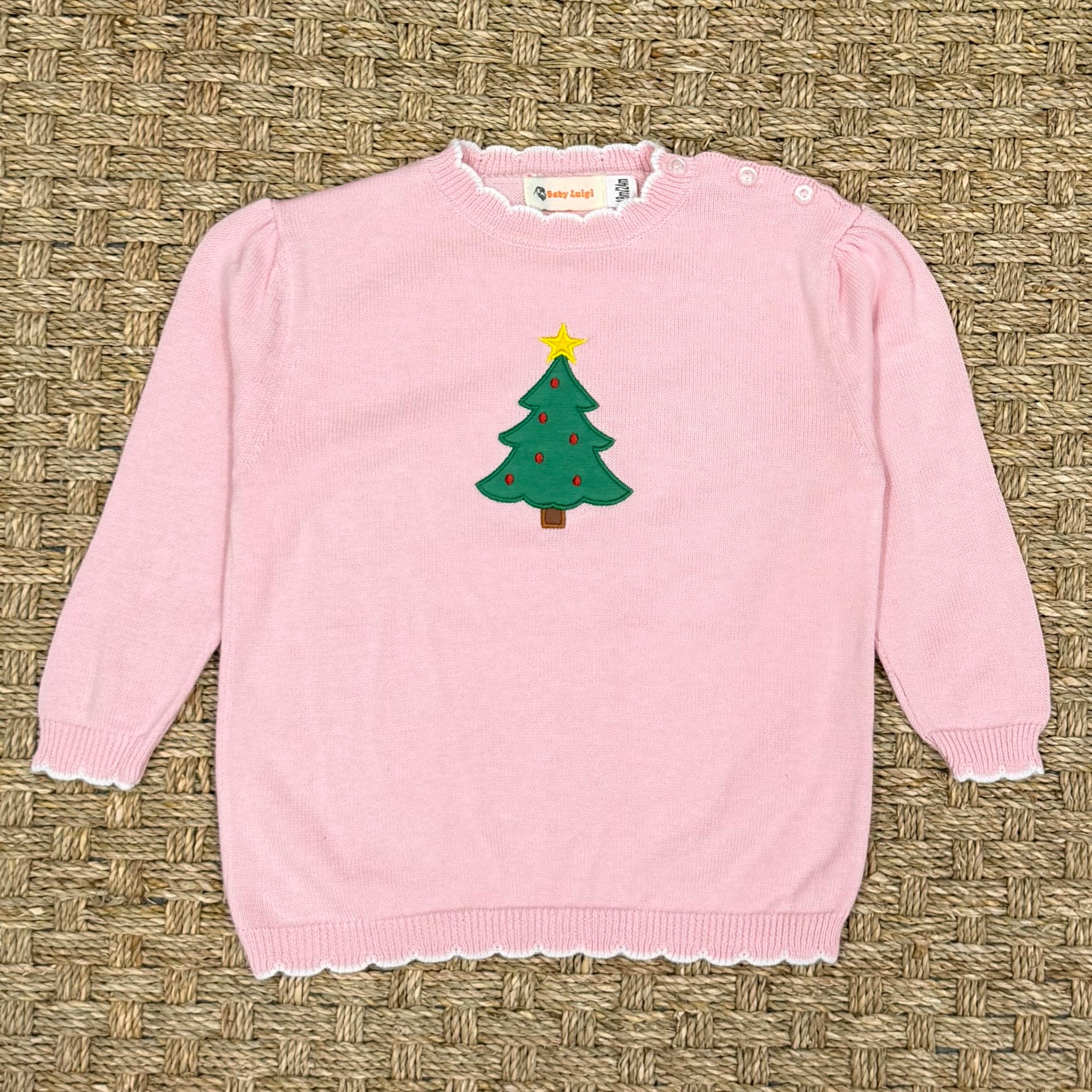 Luigi Fine Gauge Sweater, Christmas Tree on Light Pink