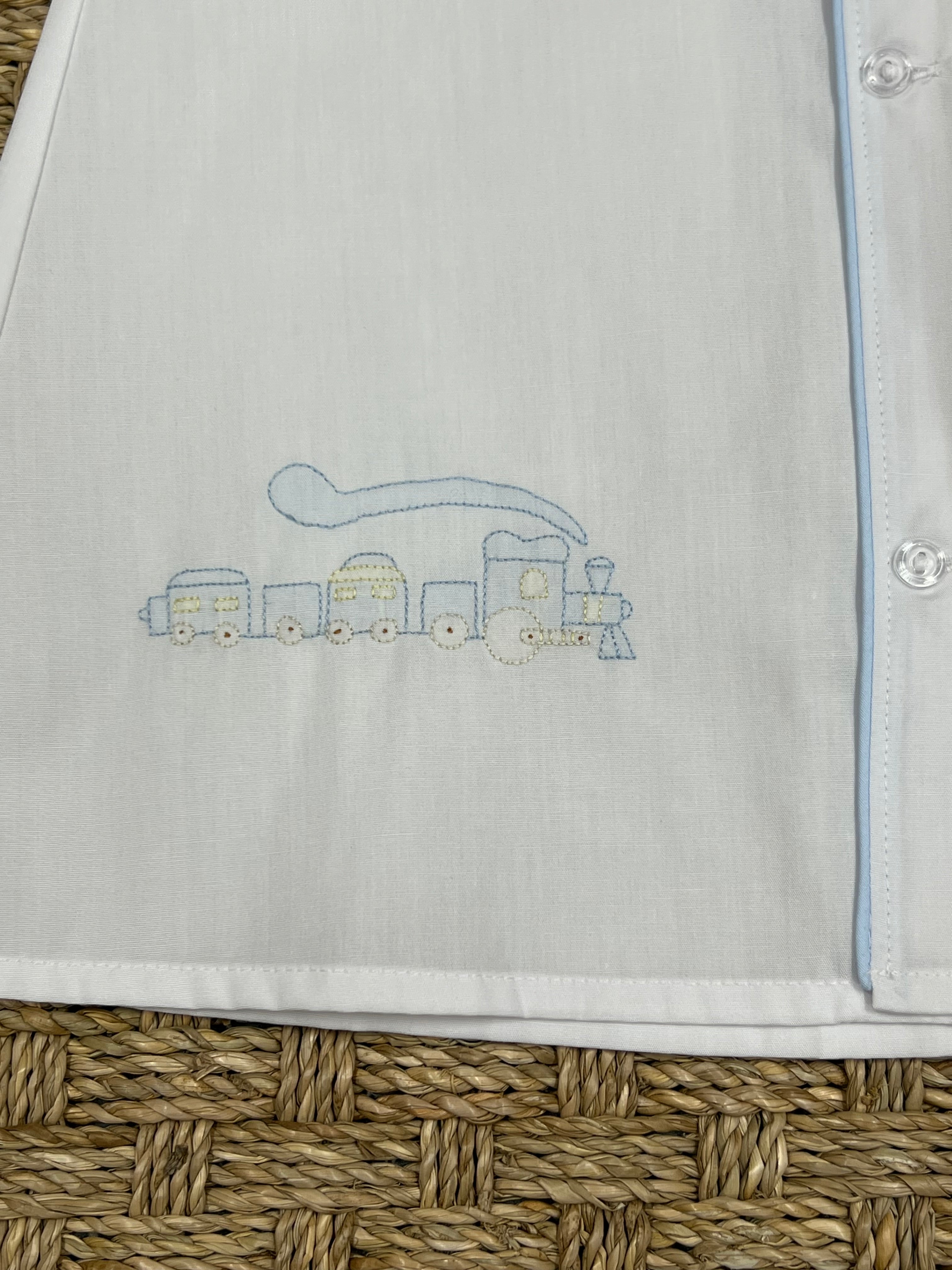 Auraluz White Day Gown with Blue Train Embroidery & Trim