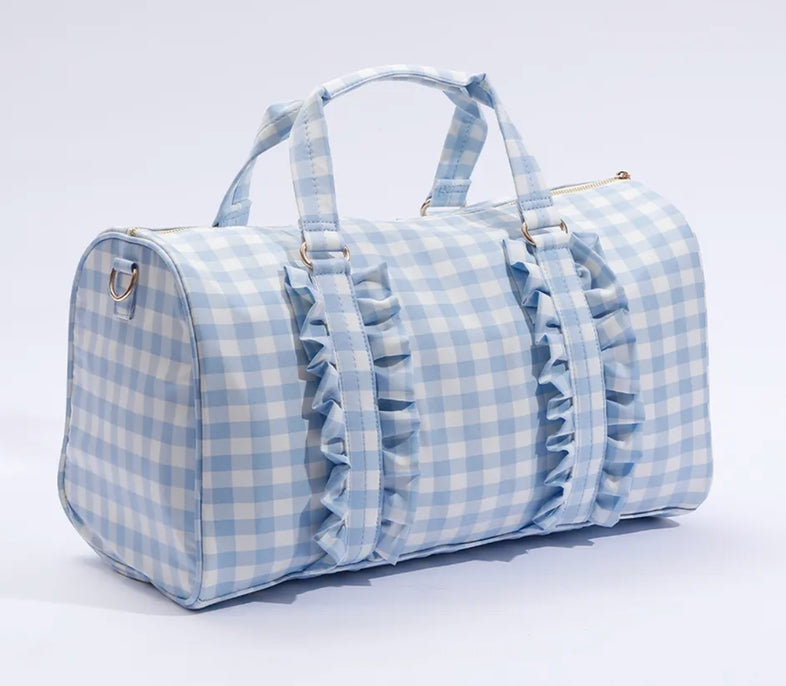 Loki Gingham Ruffle Duffle Weekender Bag, Blue