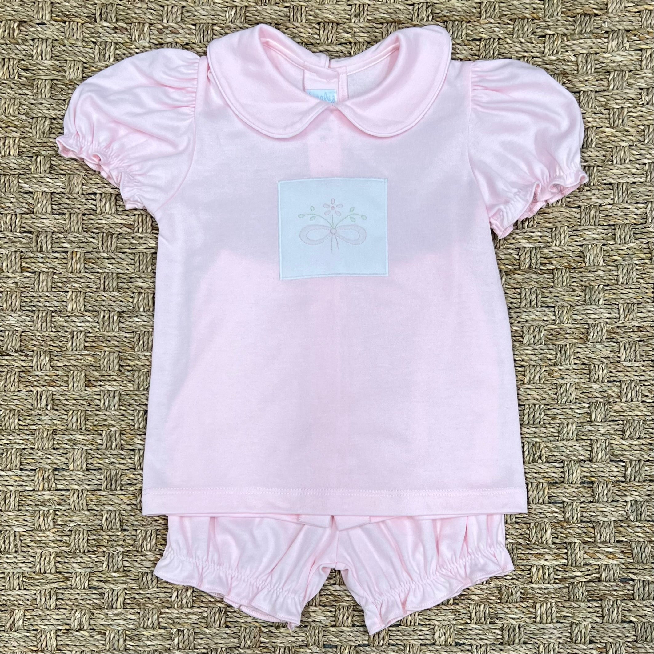 Auraluz Pink Knit Bloomer Set with Bouquet Flowers Embroidery