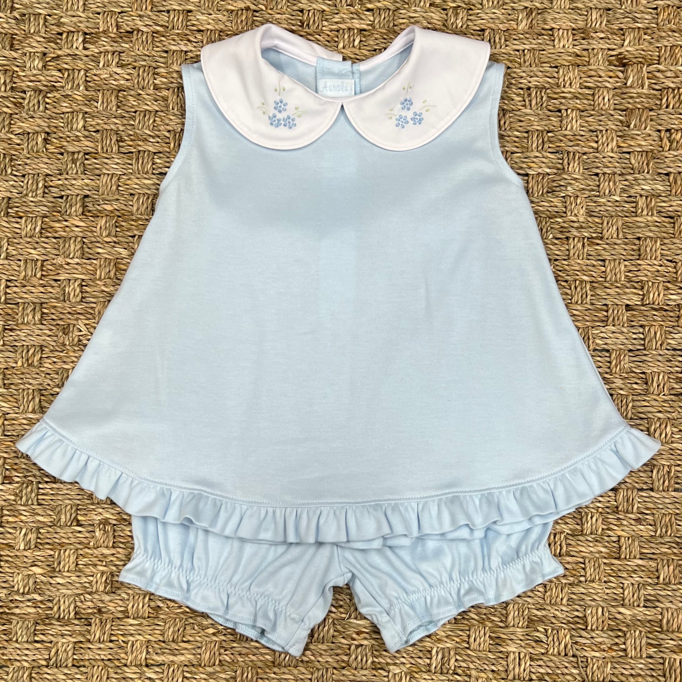 Auraluz Blue Bloomer Set with Satin Flower Embroidery