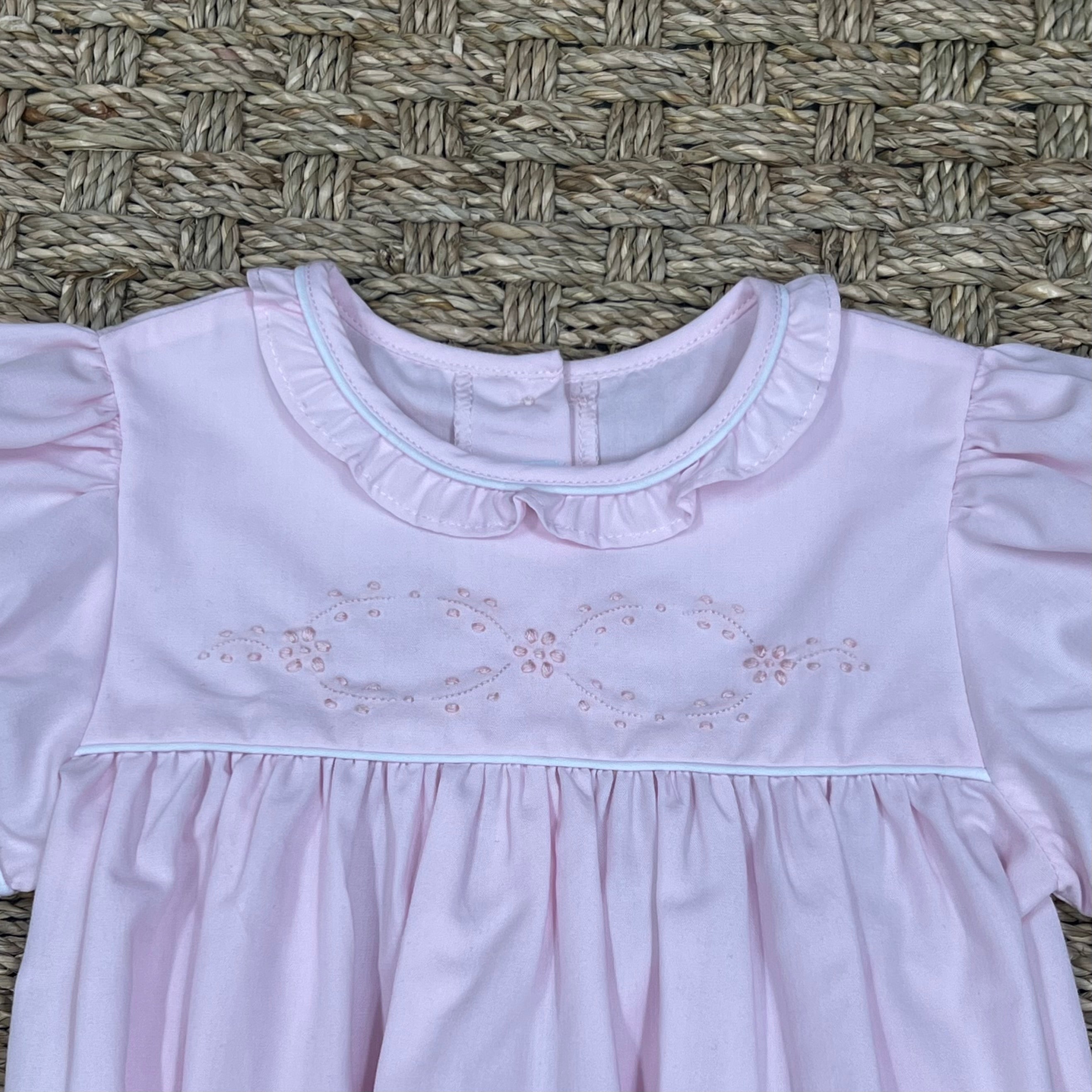 Auraluz Pink Ruffle Bubble with Satin Flower Embroidery