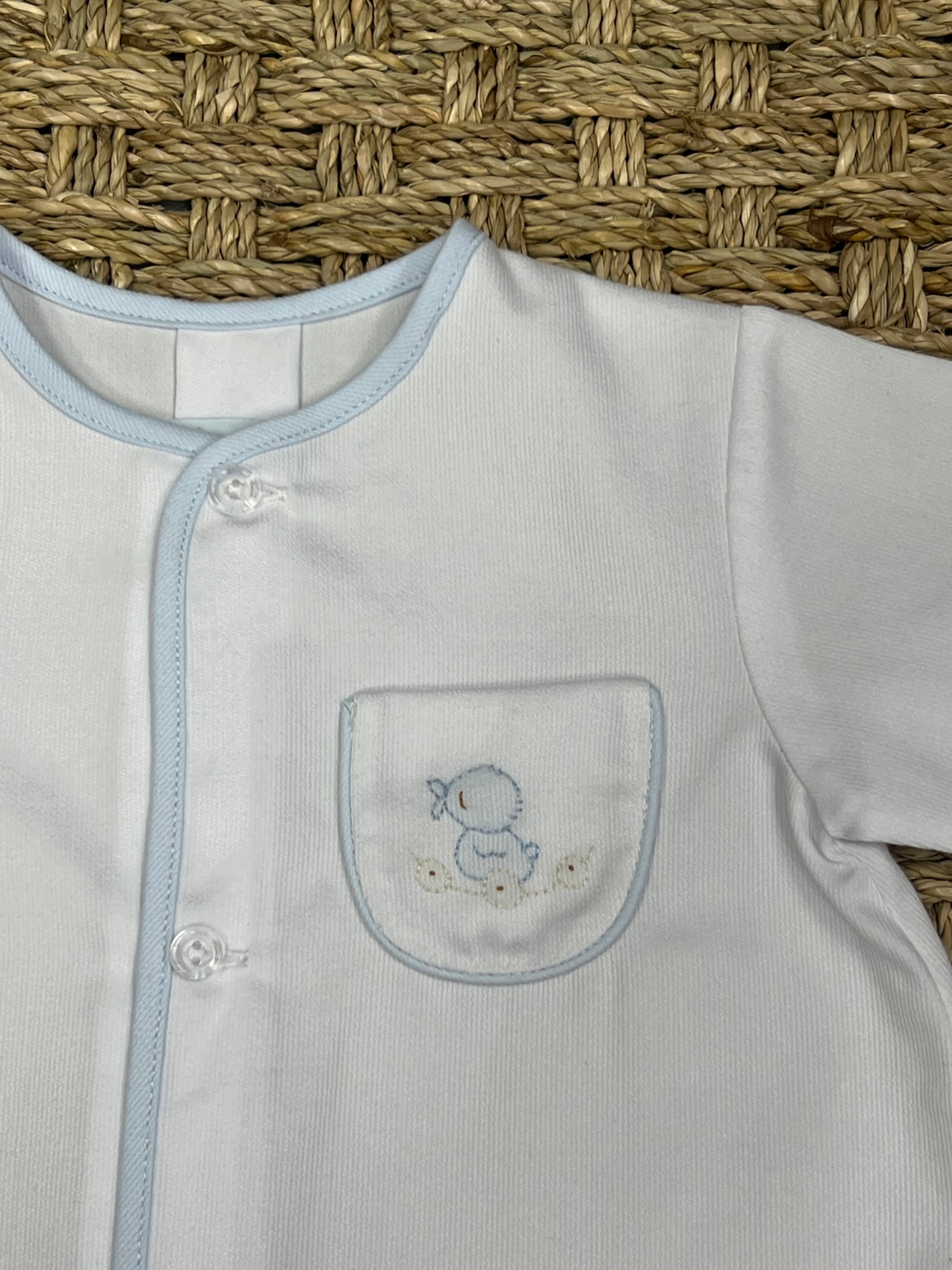 Auraluz White Pique Gown with Blue Duck Embroidery