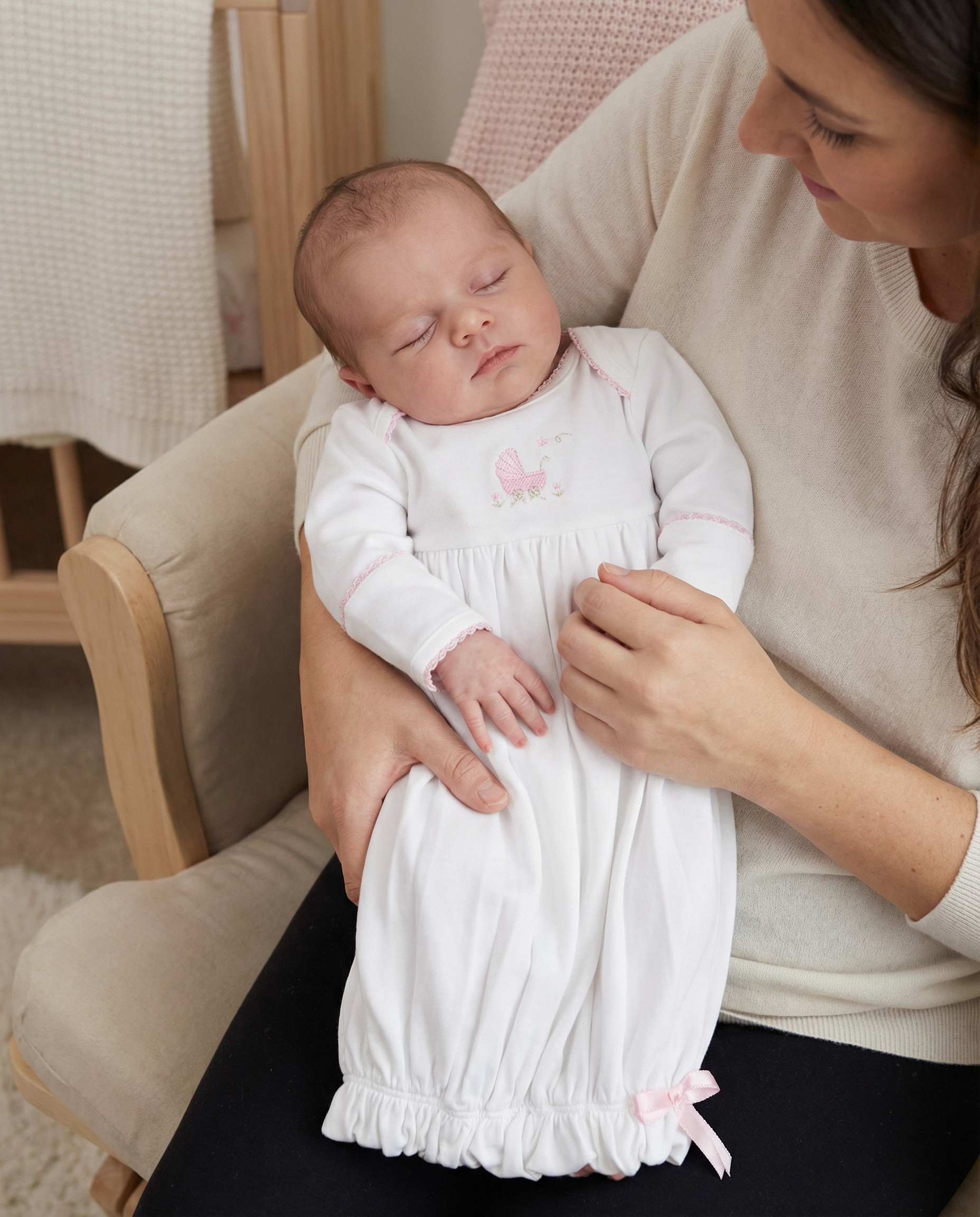 Squiggles Lap Shoulder White Gown with Pink Baby Carriage