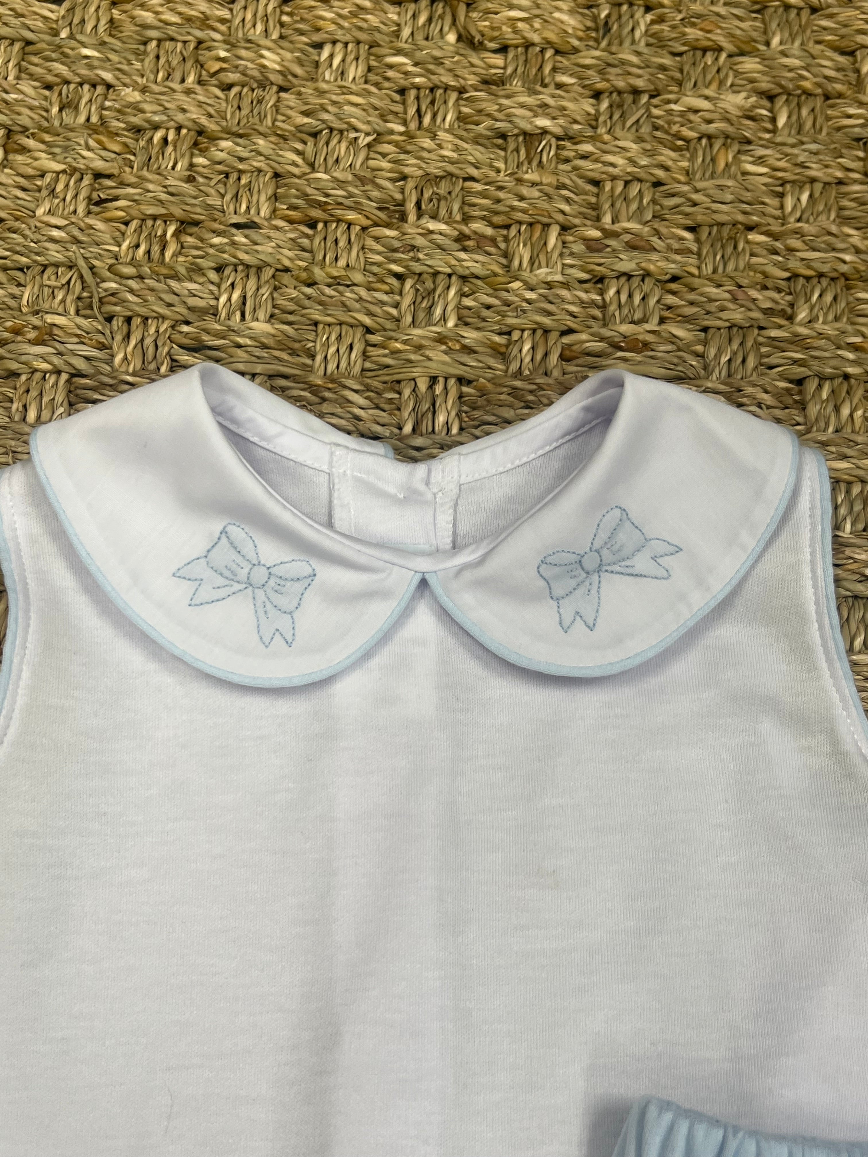 Auraluz Knit White & Blue Bloomer Set with Bow Ribbon Embroidery