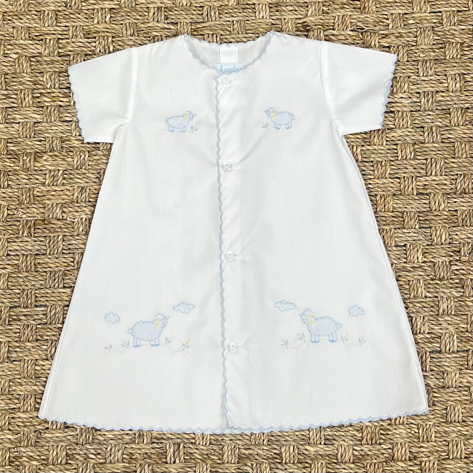 Auraluz White Daygown with Blue Lamb Embroidery