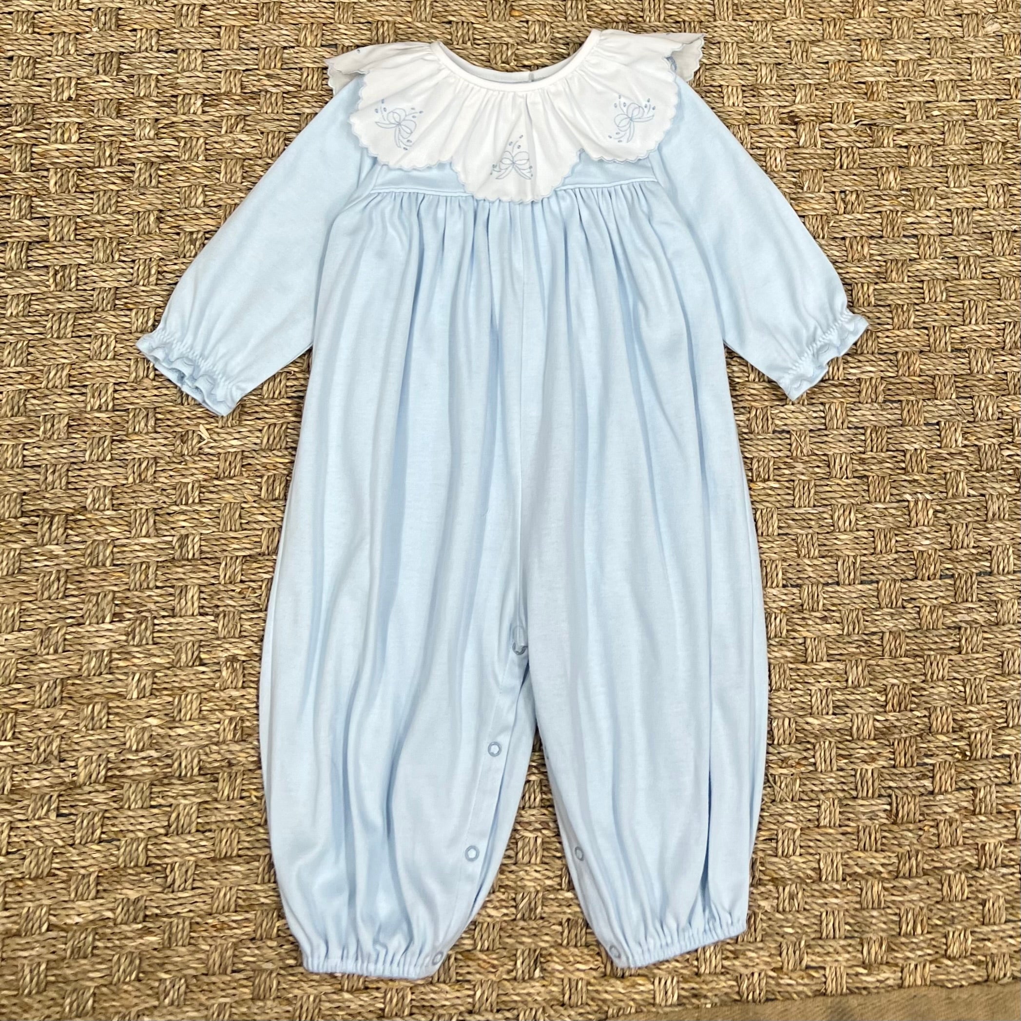 Auraluz Blue Knit Longall with Bow and Leaves Embroidery