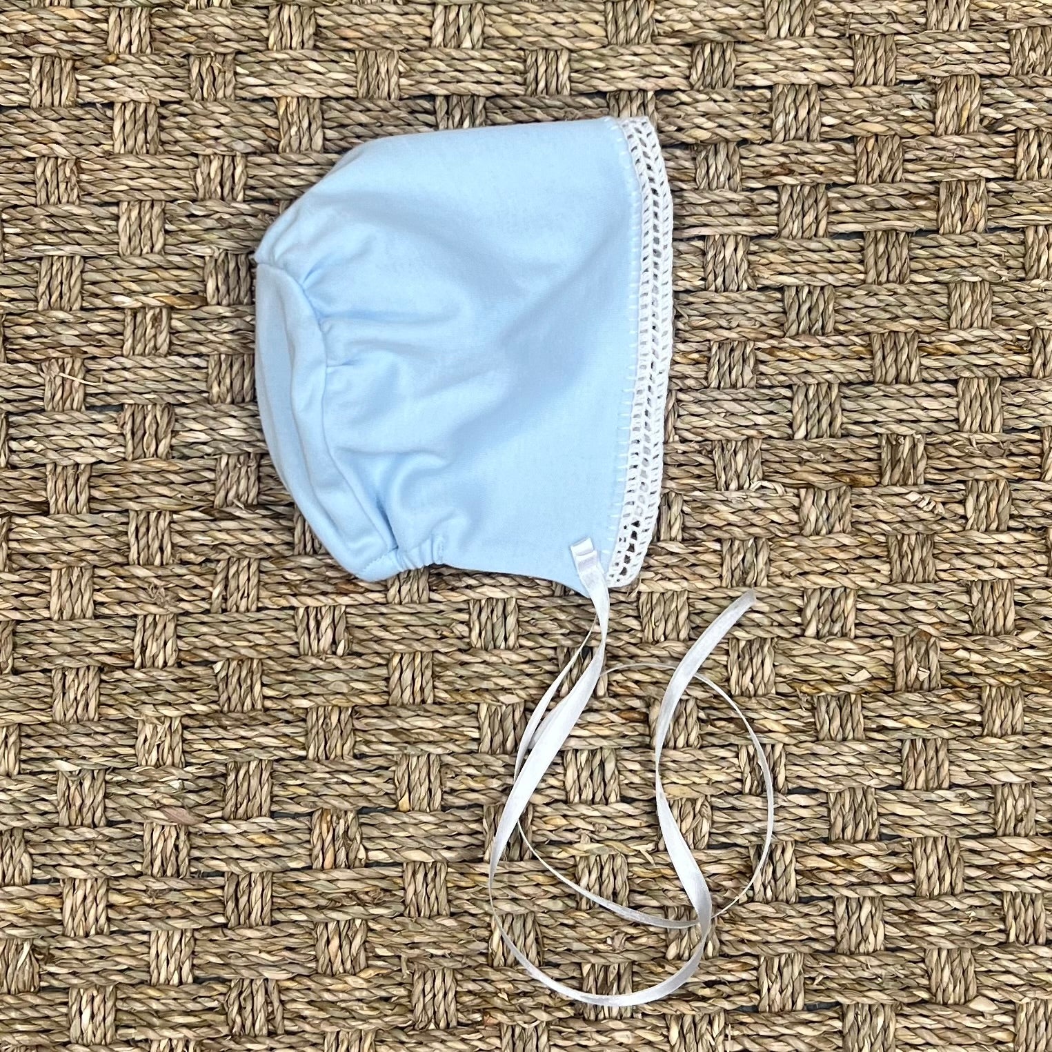 Auraluz Blue Knit Bonnet with White Picot Trim