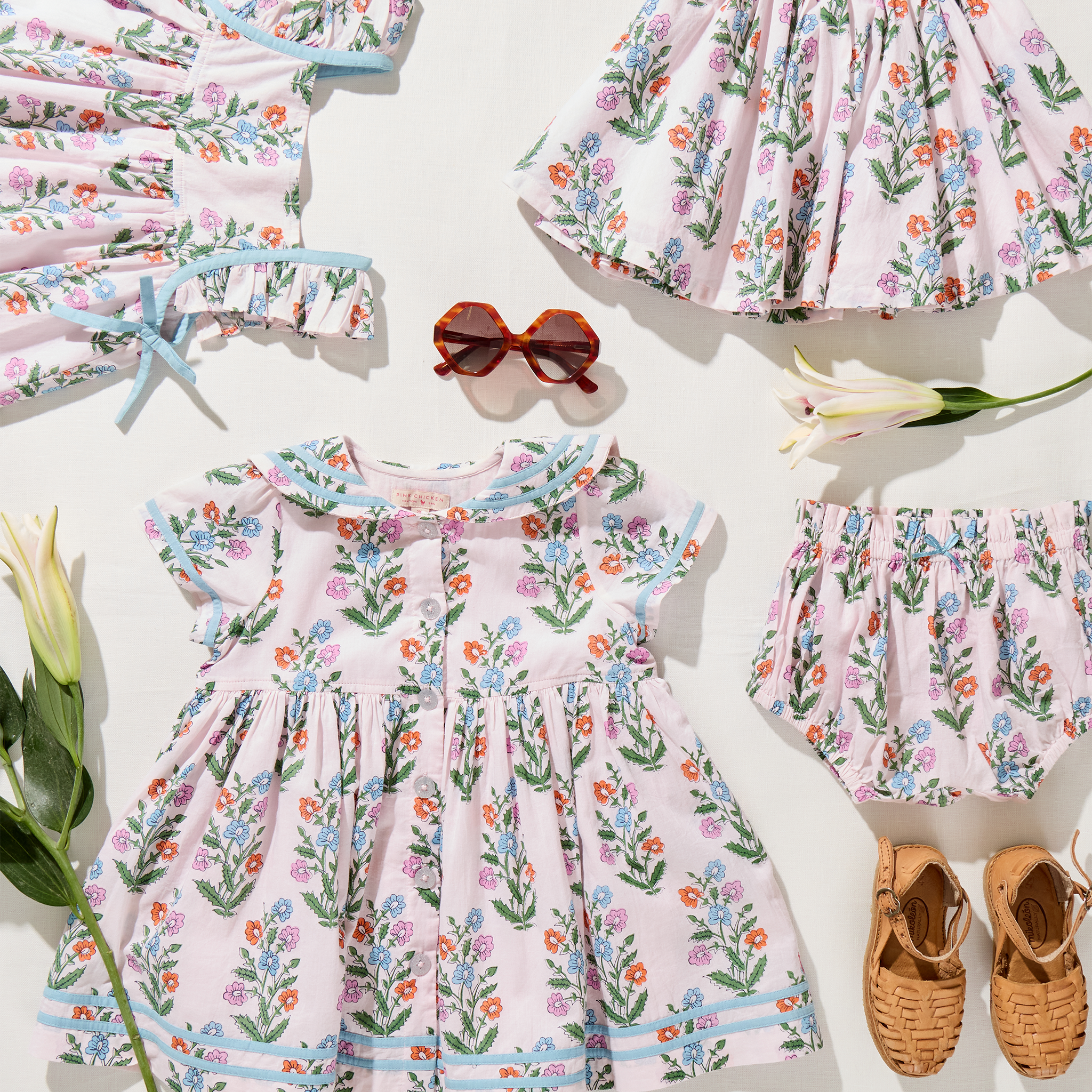 Pink Chicken Ailee Dress Set, Pink Dewdrop Block Print