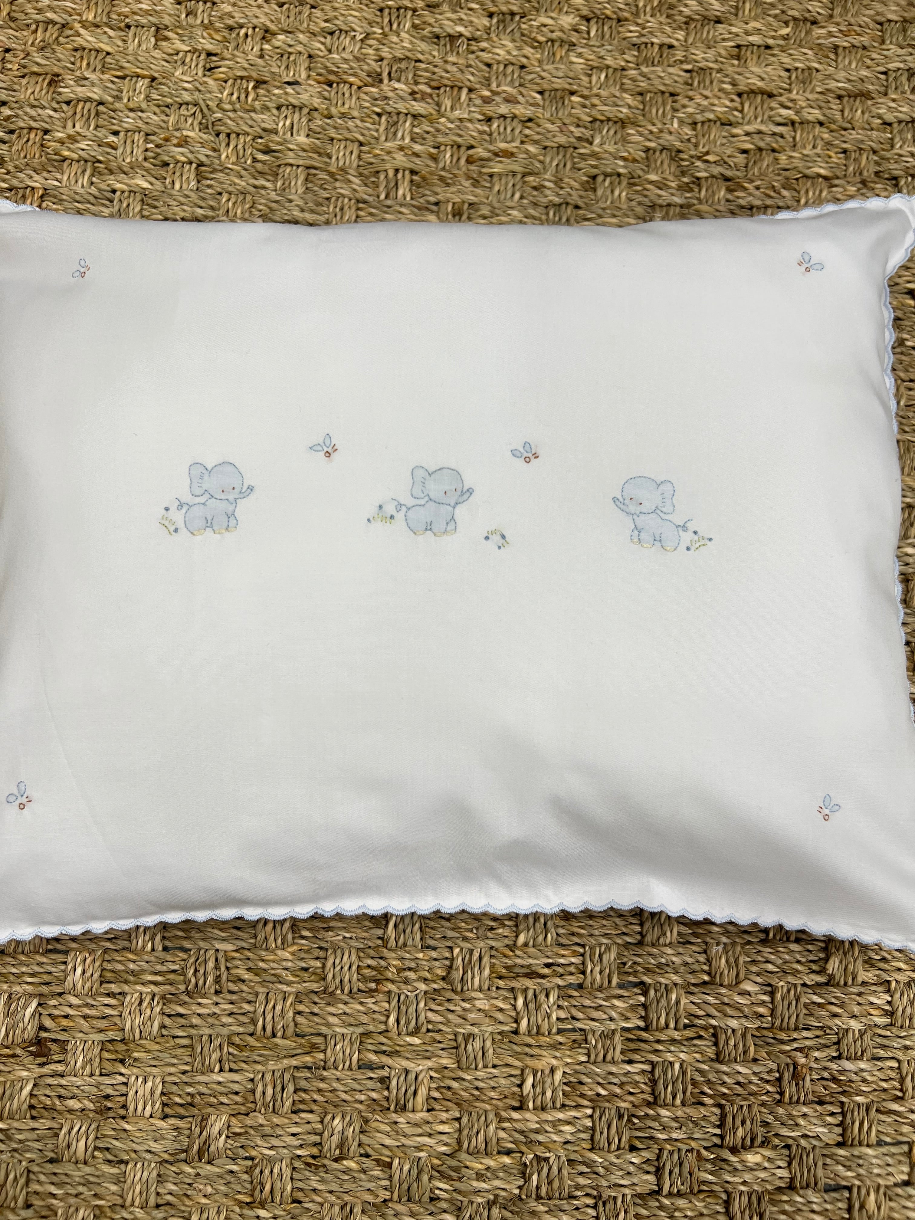Auraluz White Pillow with Blue Embroidered Elephants