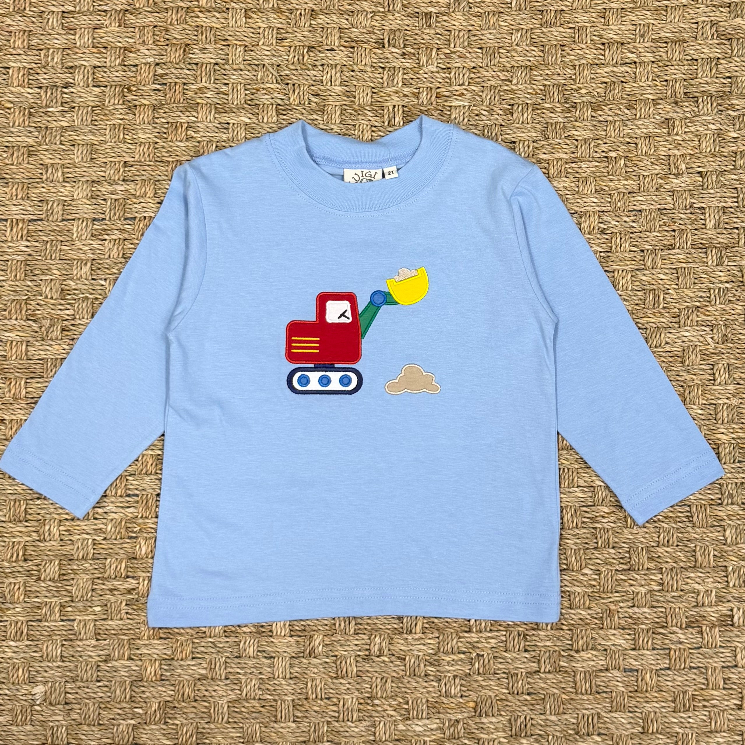 Luigi Romper, Backhoe with Dirt on Sky Blue