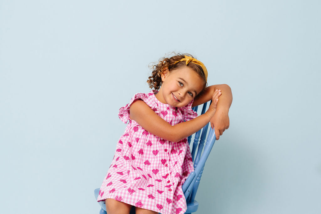 Alto Modas Pink Gingham Hearts Embroidery Sunday Dress