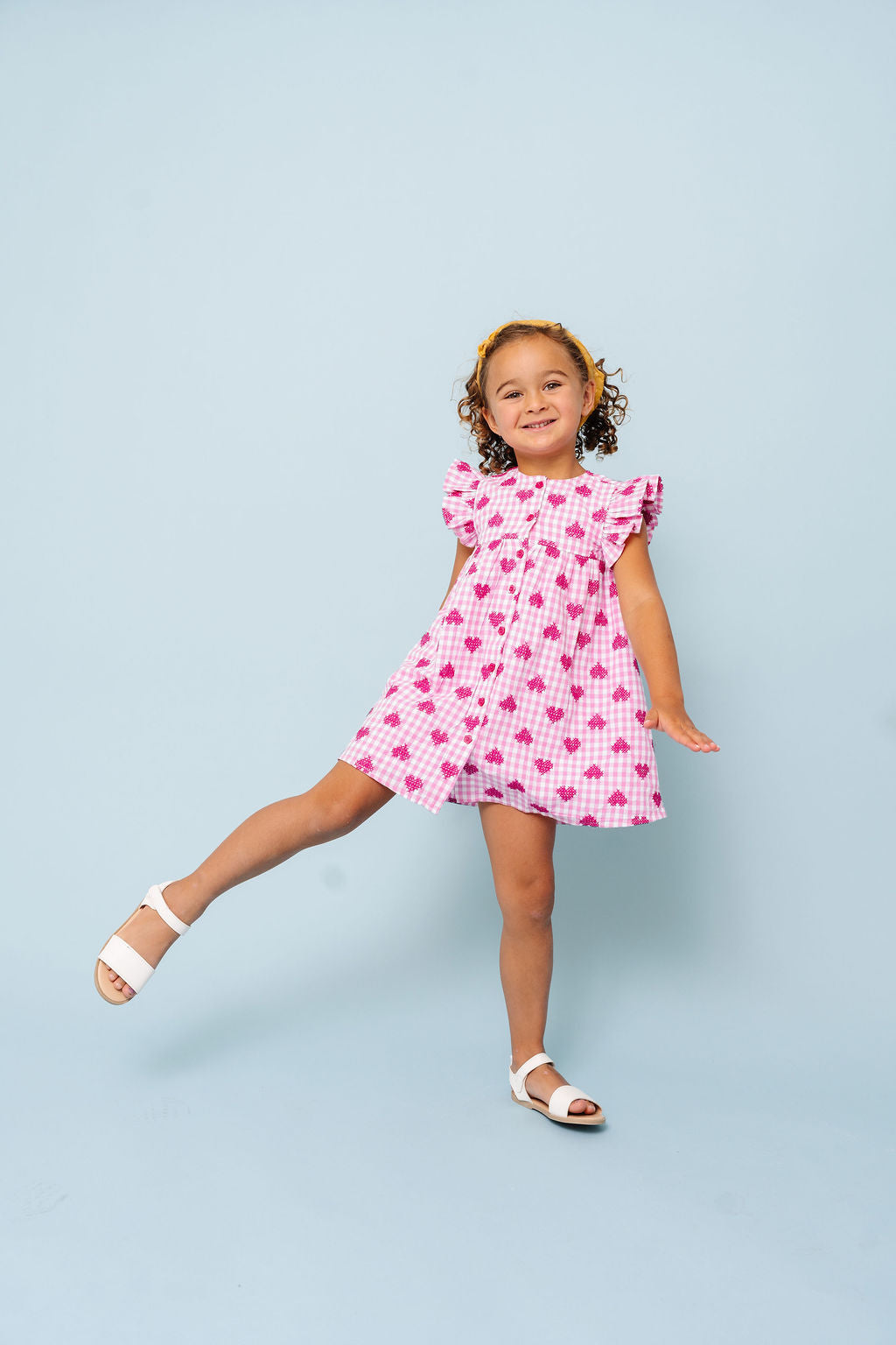 Alto Modas Pink Gingham Hearts Embroidery Sunday Dress