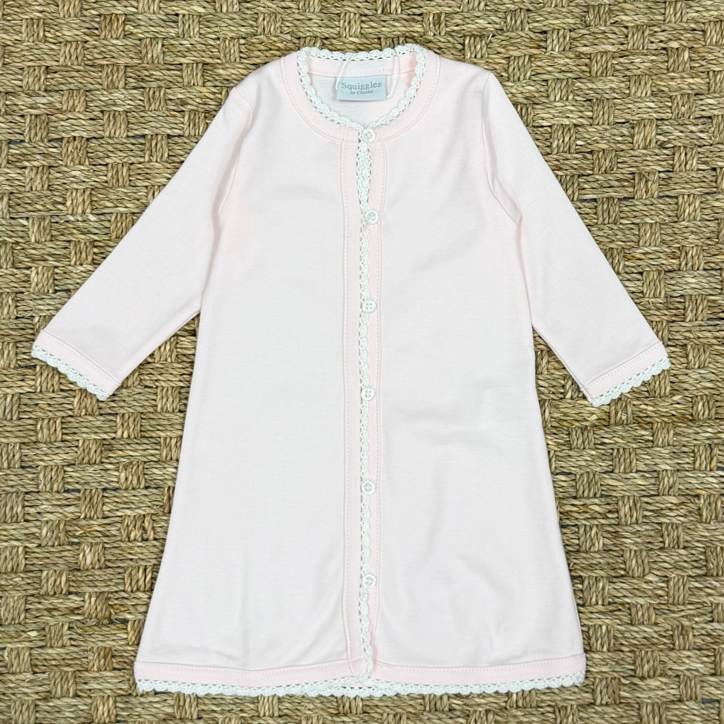 Squiggles Pink Day Gown with White Crochet Trim