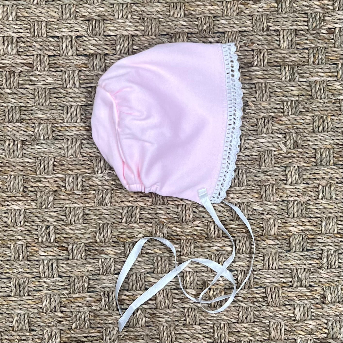 Auraluz Pink Knit Bonnet with White Picot Trim