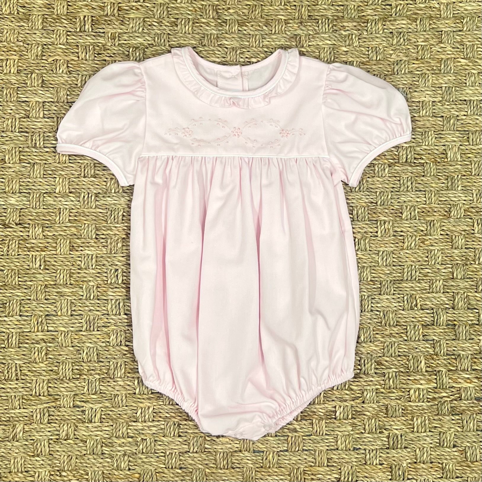 Auraluz Pink Ruffle Bubble with Satin Flower Embroidery