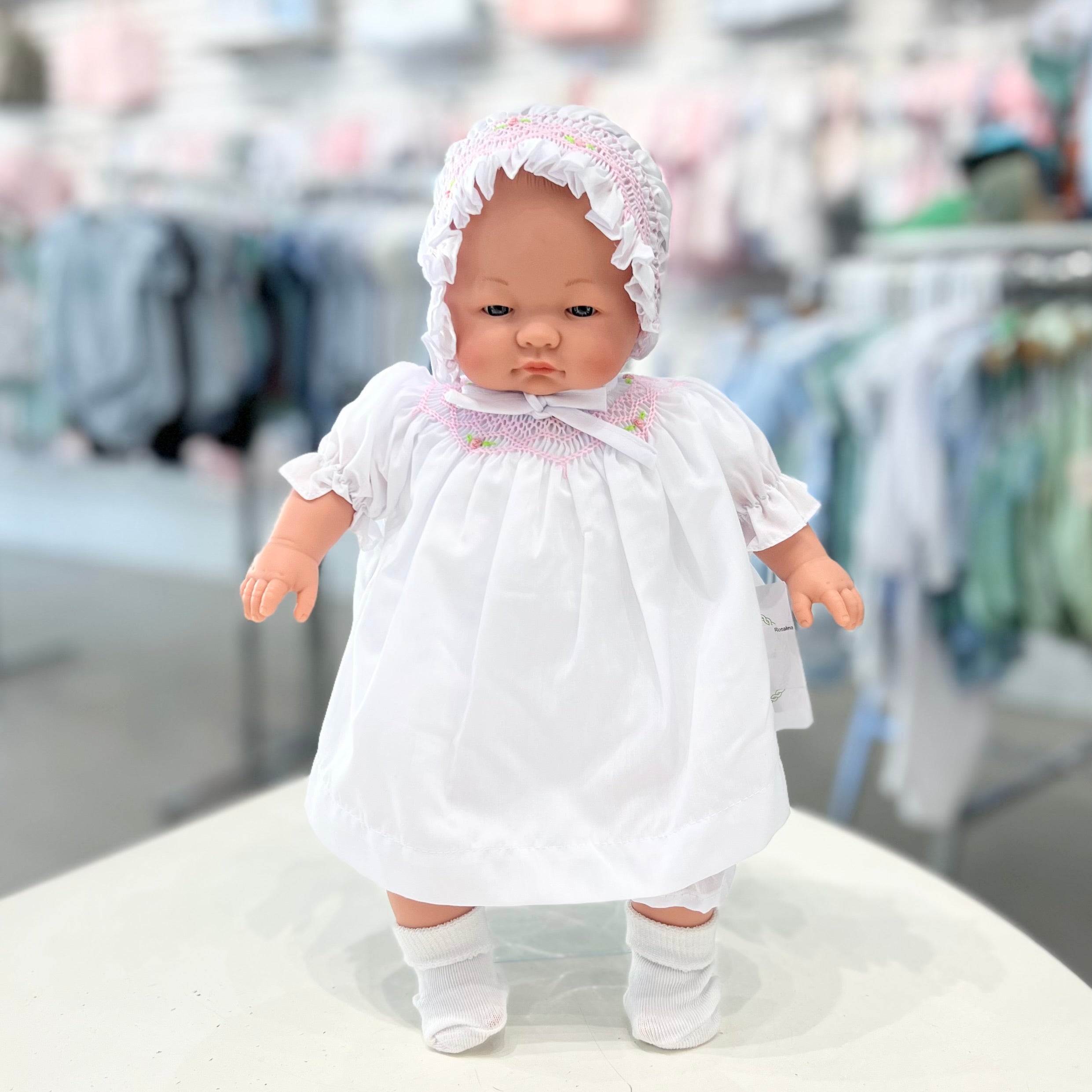 Rosalina Emma Bald Doll with White Roselle Bishop & Bonnet
