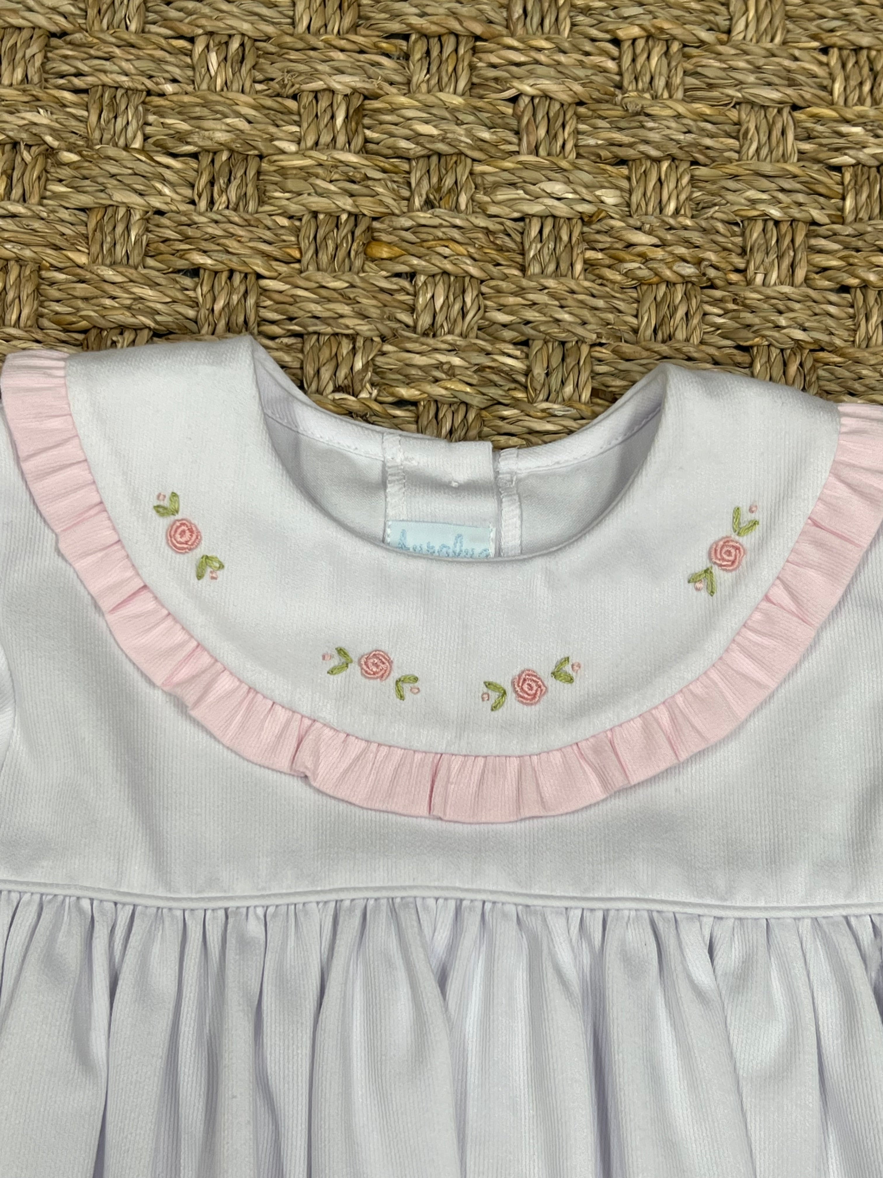 Auraluz White Pique Dress with Pink Rosebud Embroidery