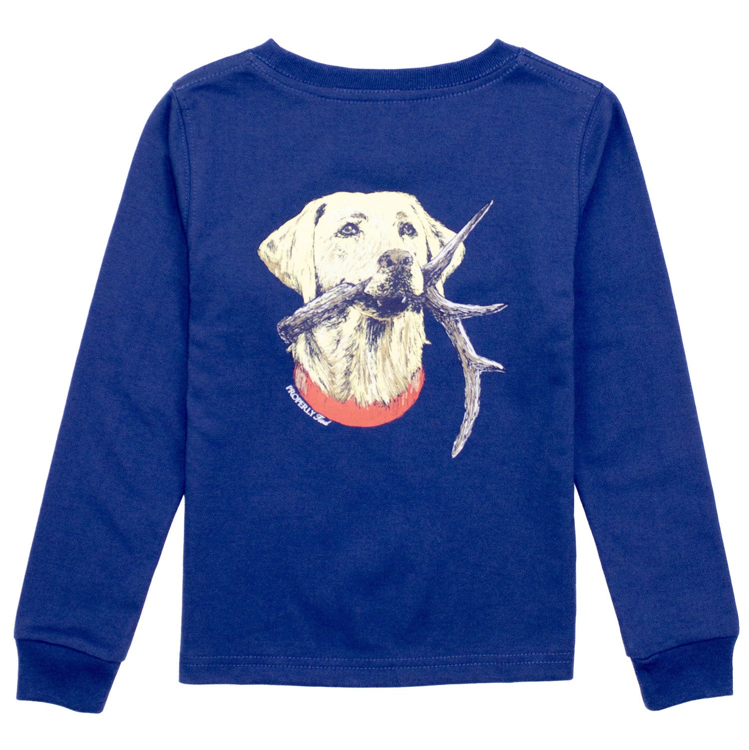Blue long-sleeve shirt with a dog graphic on a white background