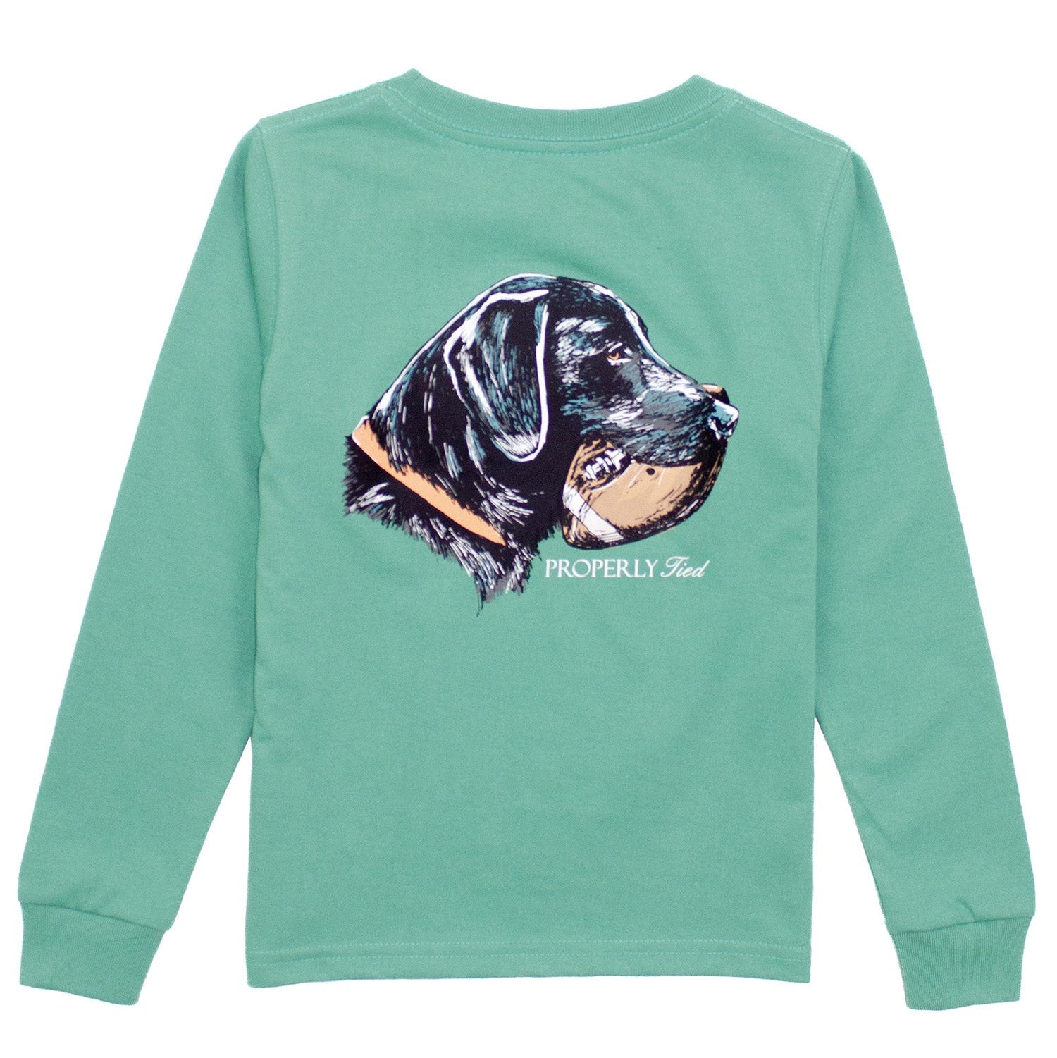 Green long-sleeve shirt with a dog illustration on the back against a white background