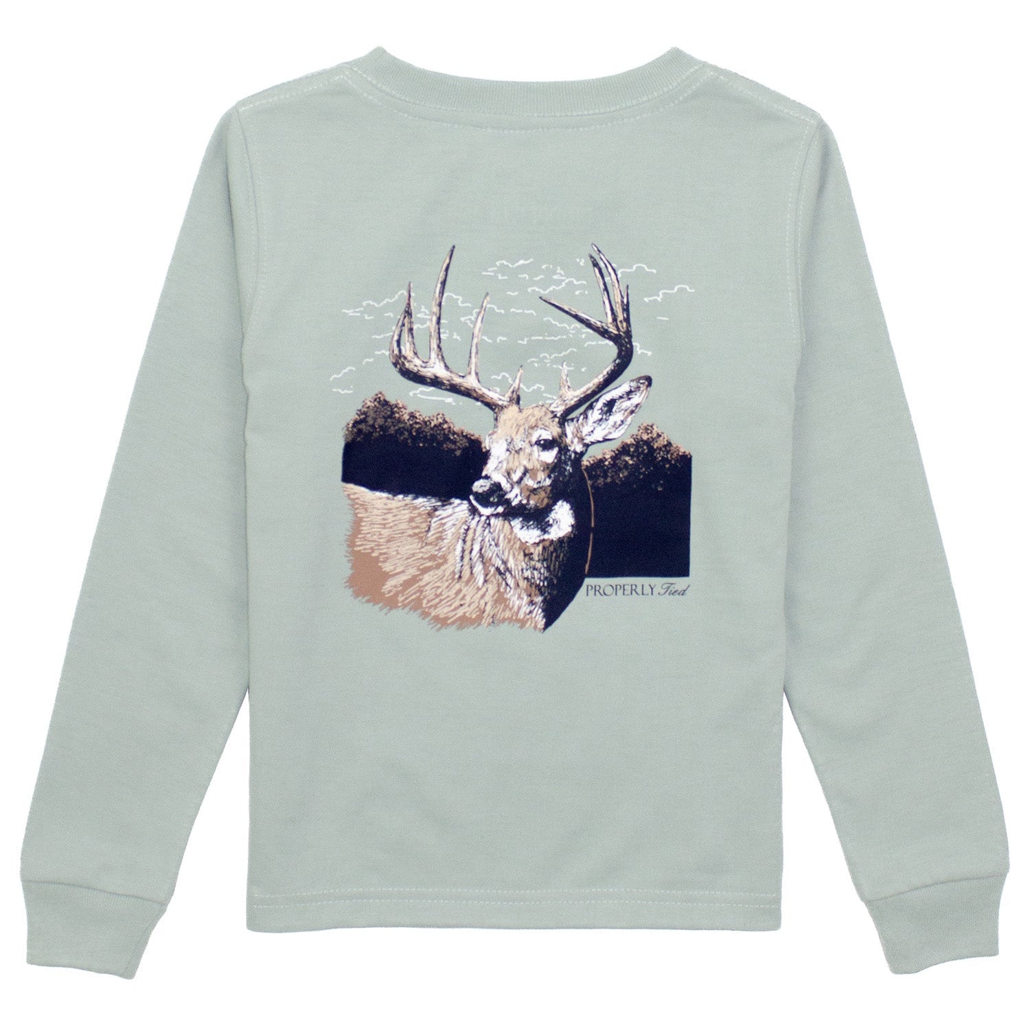 Light green long-sleeve shirt with a deer graphic on the back against a white background