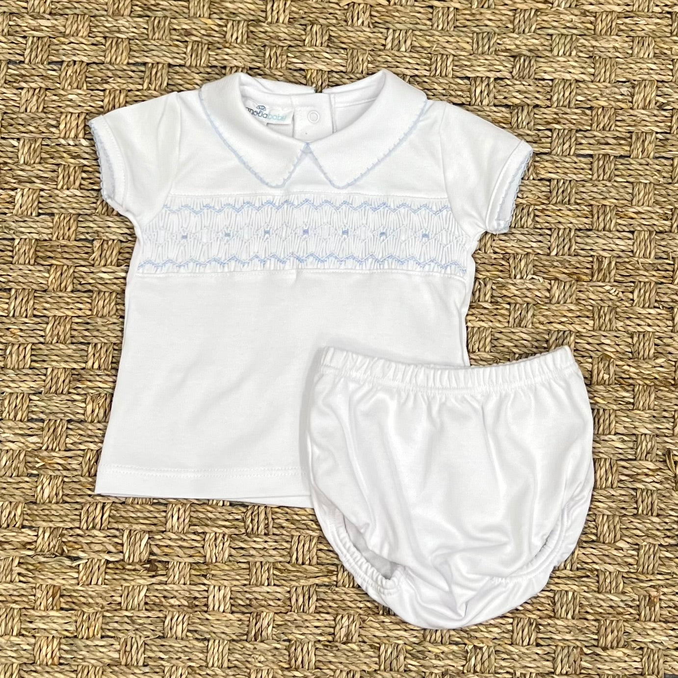 Magnolia Baby Lizzie & Landon's Smocked Collared Diaper Set, Blue
