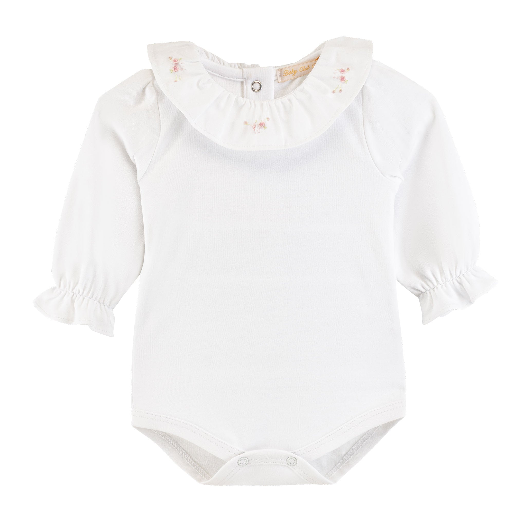 Baby Club Chic Bodysuit with Floral Embroidered Ruffled Collar