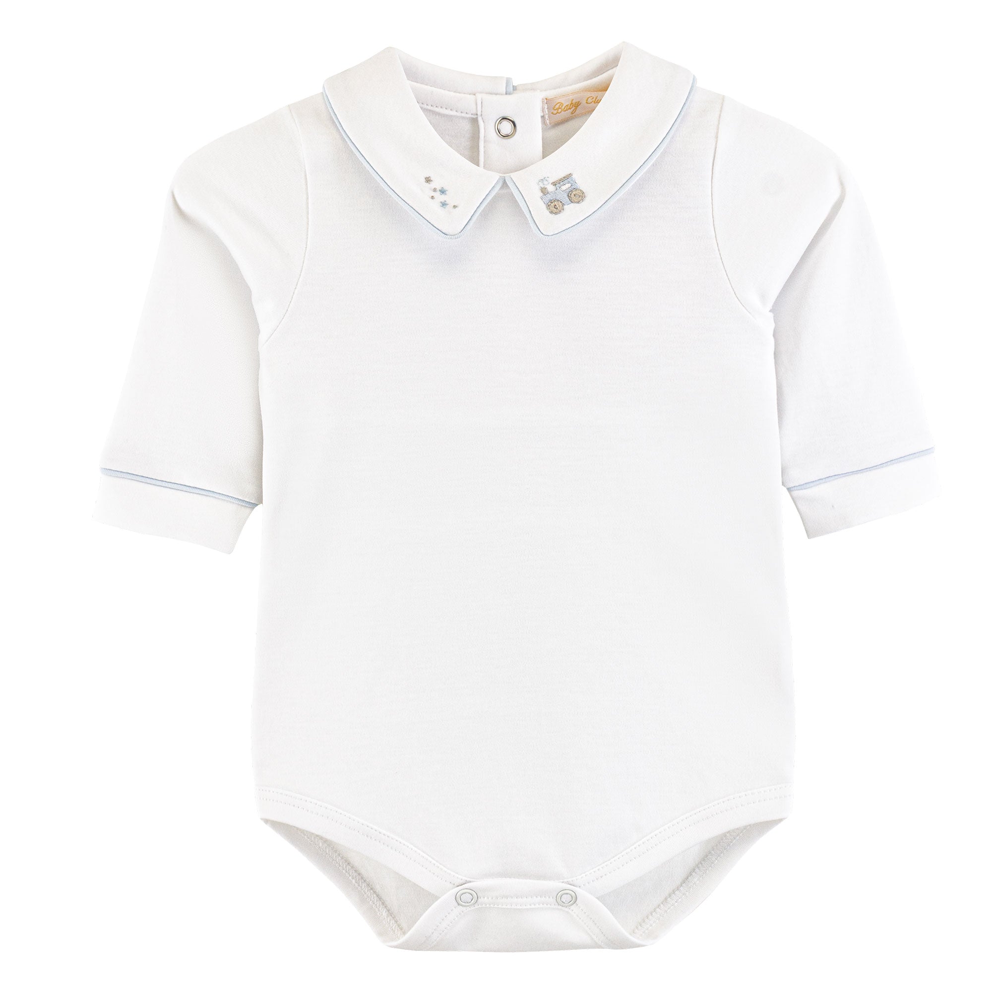 Baby Club Chic Bodysuit with Train Embroidered Point Collar