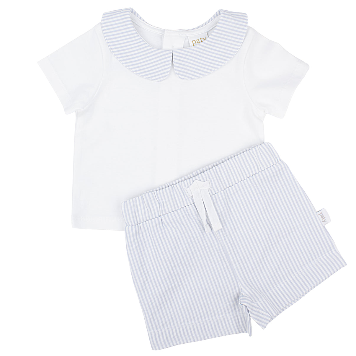Paty Organic Cotton Peter Pan Collared Short Set, Blue Stripe
