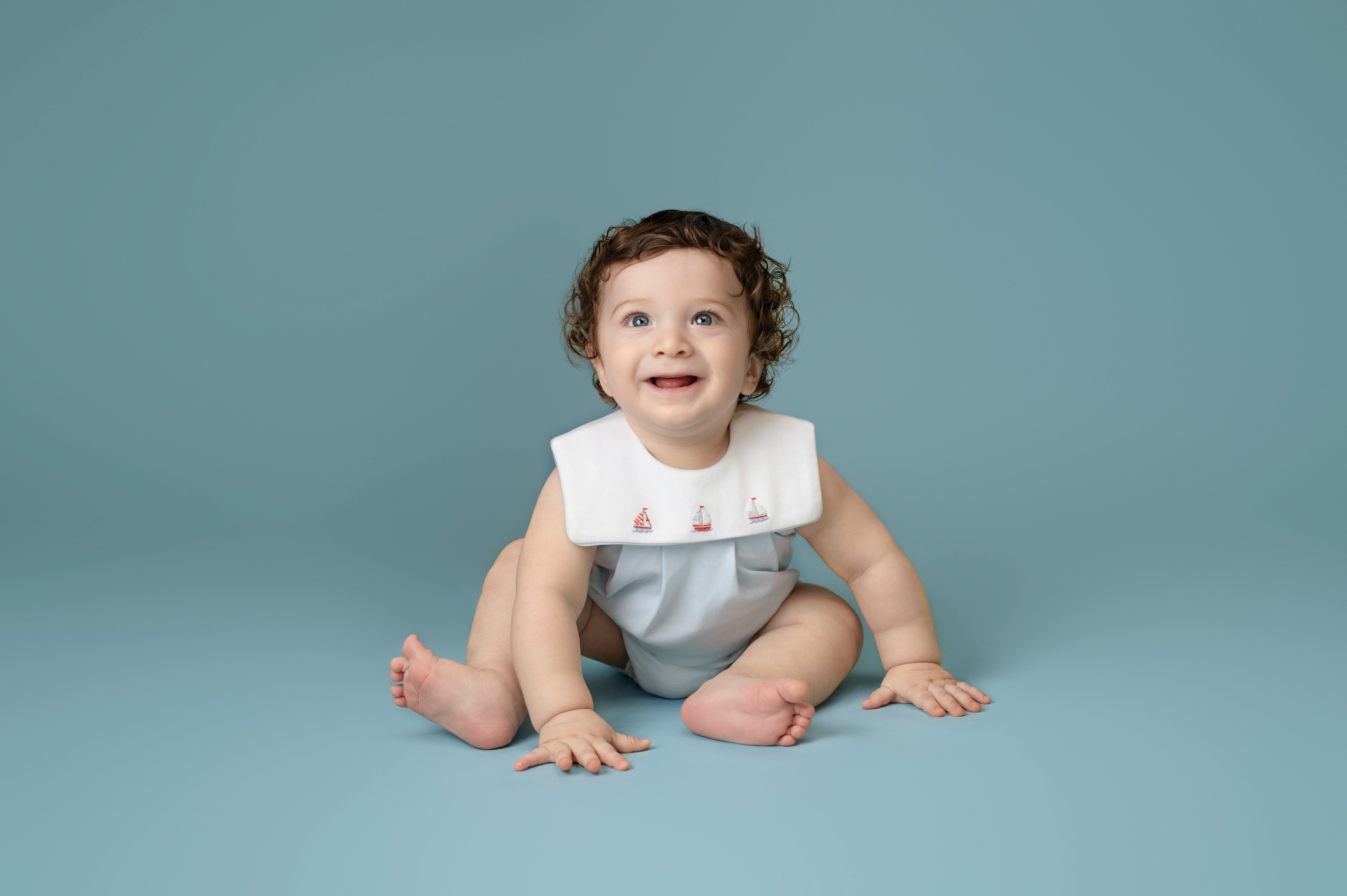 Baby Club Chic tiny sails light blue bib bubble bib bubble w/ embroidery