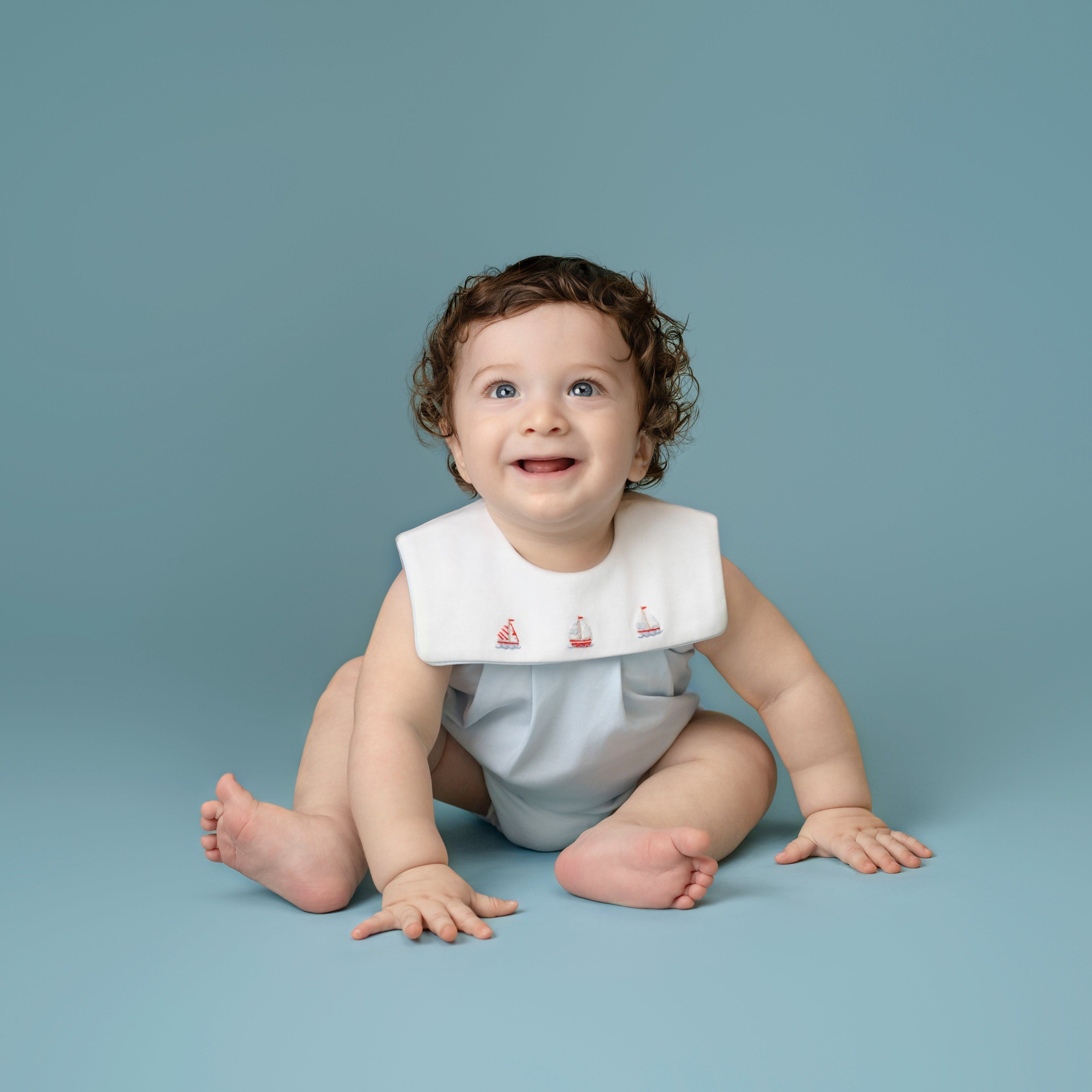 Baby Club Chic Tiny Sails Light Blue Bib Bubble with Embroidery