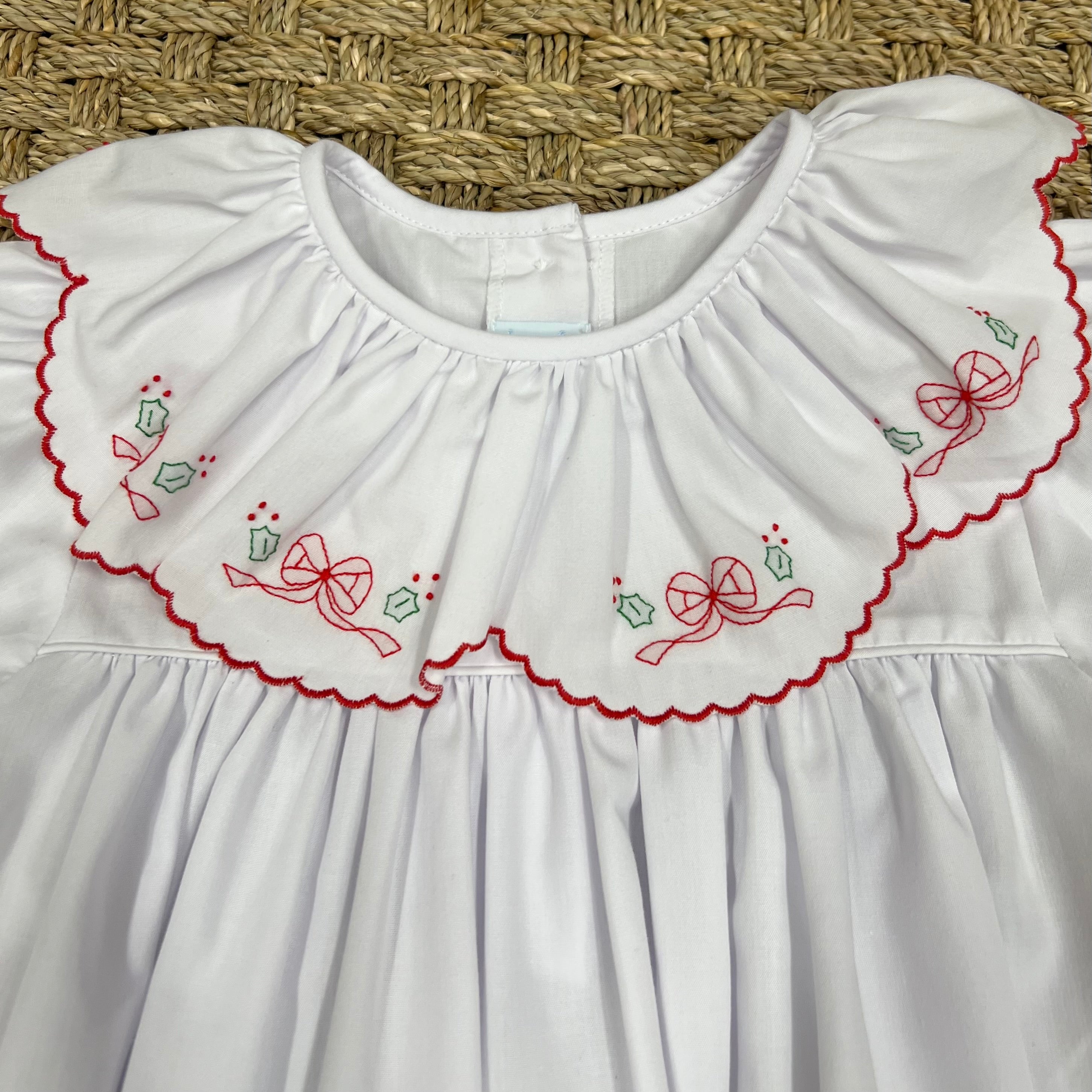 Auraluz White Dress with Red Christmas Bow and Holly Embroidery